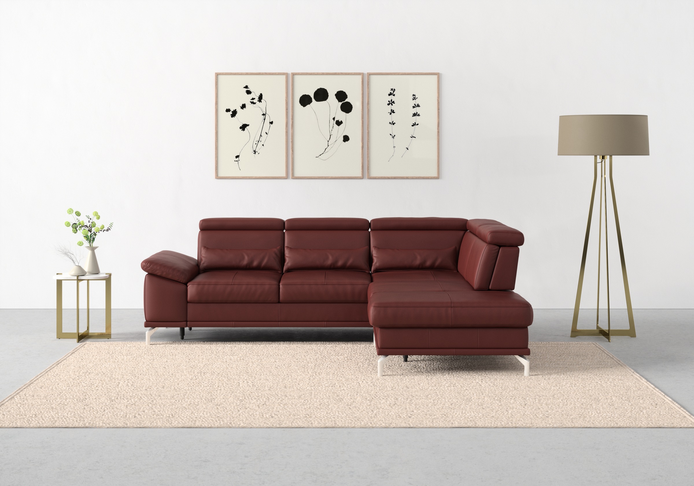 sit&more Ecksofa »Cabrio L-Form, mit Sitztiefenverstellung, Arm- und Kopfteilverstellung«, 3 Nierenkissen, Federkern, optional Bettfunktion und Stauraum