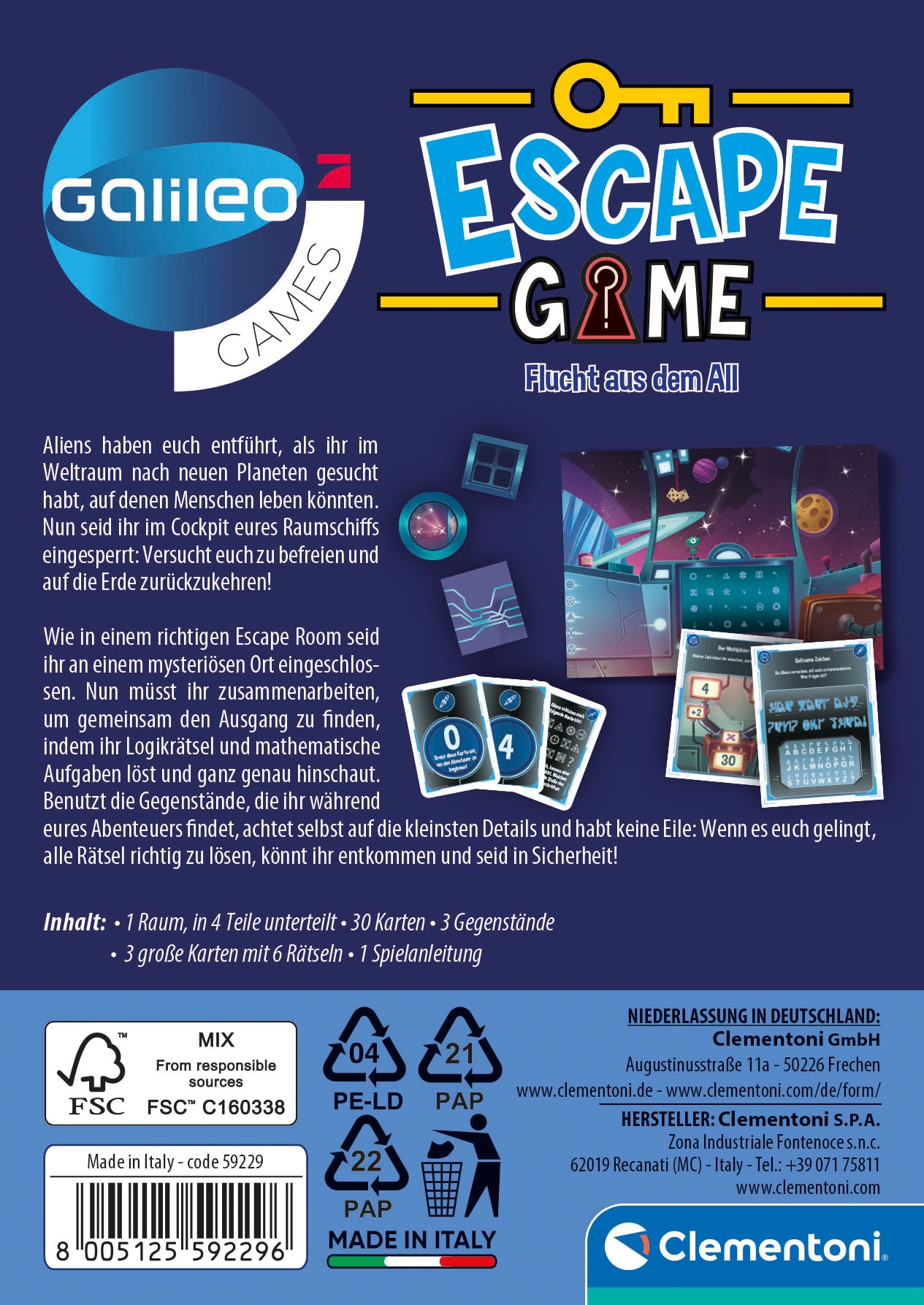 Clementoni® Spiel »Galileo, Escape Game Flucht aus dem All«, Made in Europe