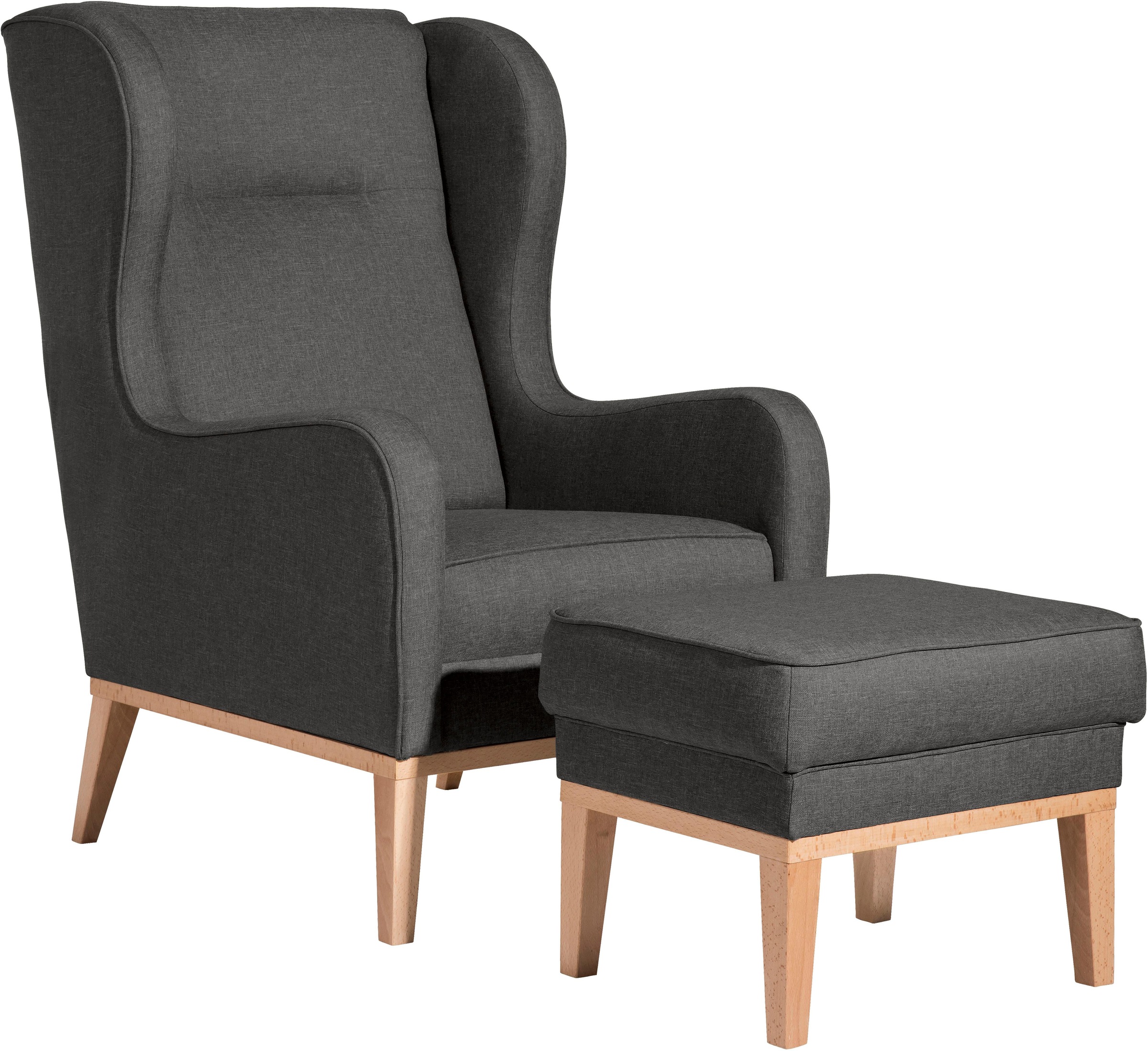 Max Winzer® Ohrensessel »Anthony eleganter Hochlehner, Designsessel, bequem und komfortabel«, mit umlaufendem Holzsockel & Kedernaht, Solitärmöbel mit hohem Holzfuß