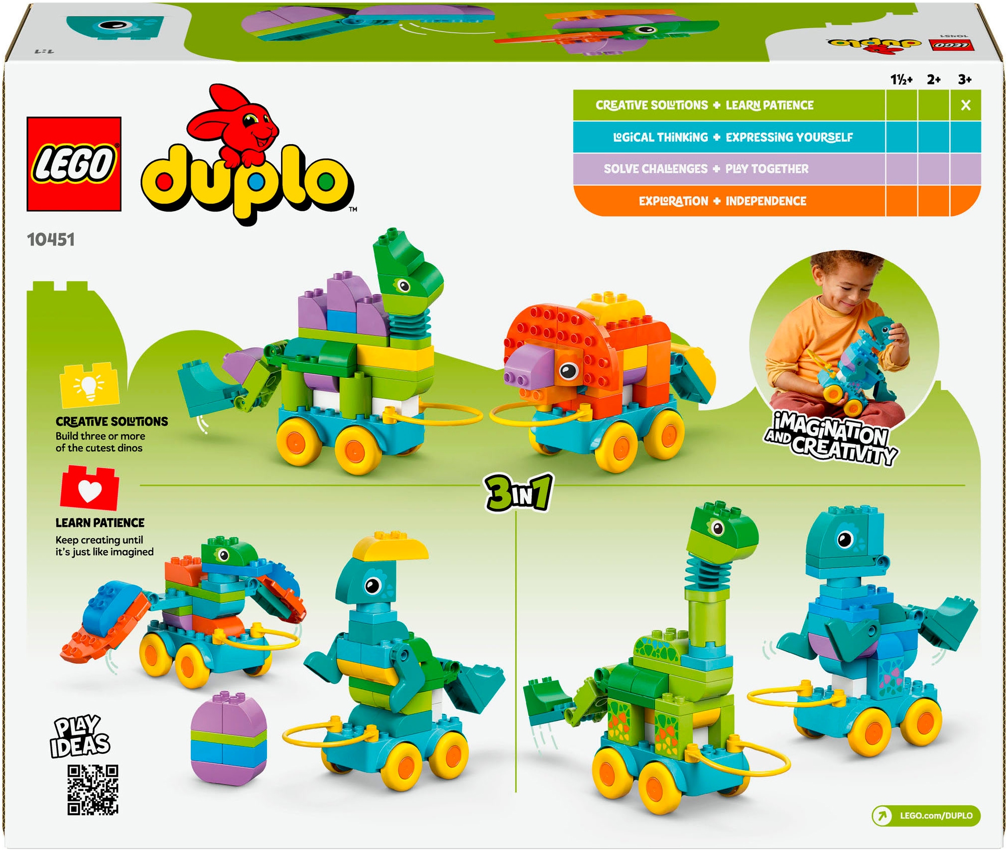 LEGO® Konstruktionsspielsteine »Dinos auf Rädern 3-in-1-Set (10451), LEGO DUPLO Town«, (108 St.), Made in Europe