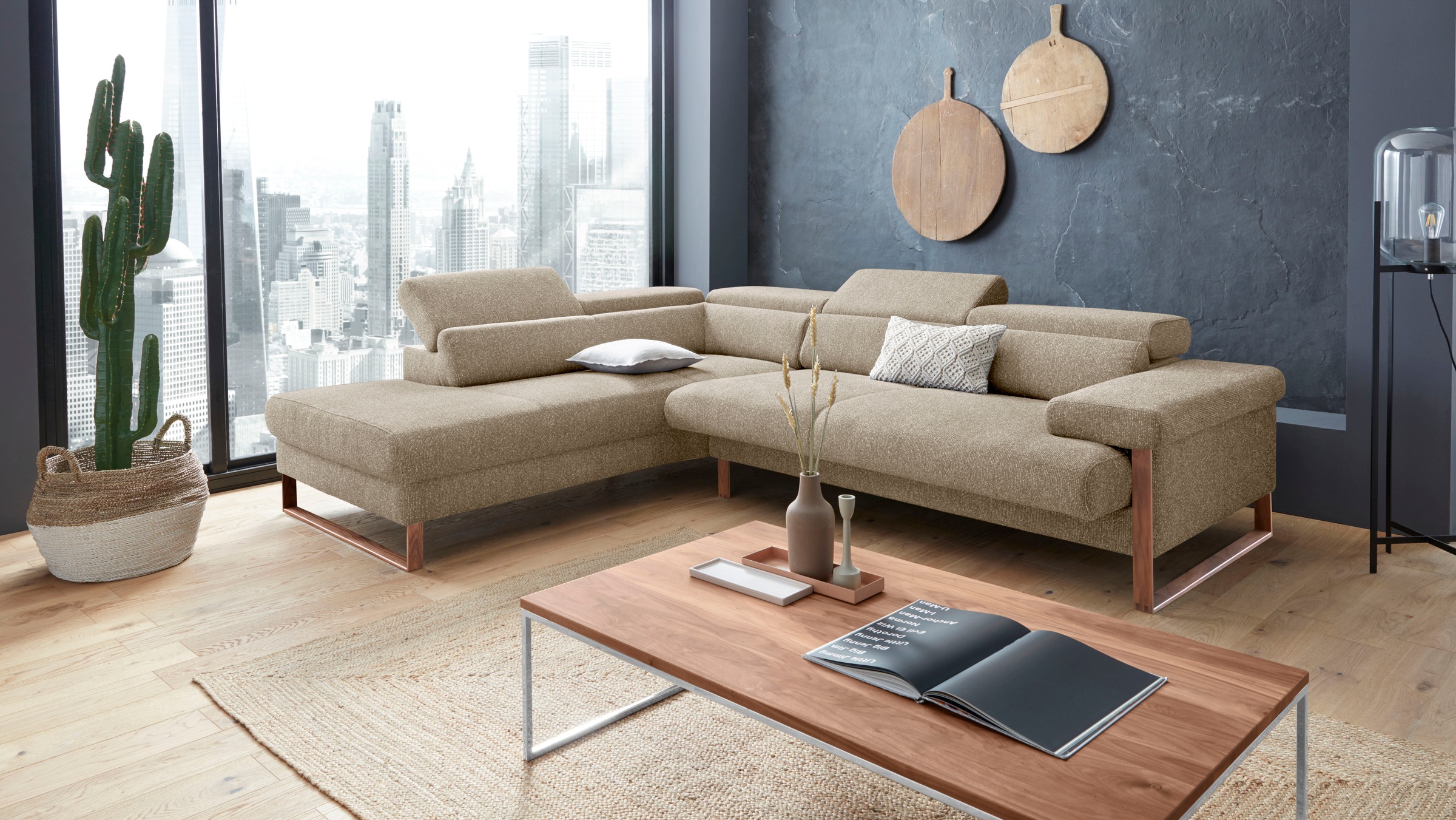 W.SCHILLIG Ecksofa »finn, Designsofa mit tollem Sitzkomfort, bequem, L-Form«, German Design Award 2016, Fußgestell Nussbaum natur, Breite 281 cm