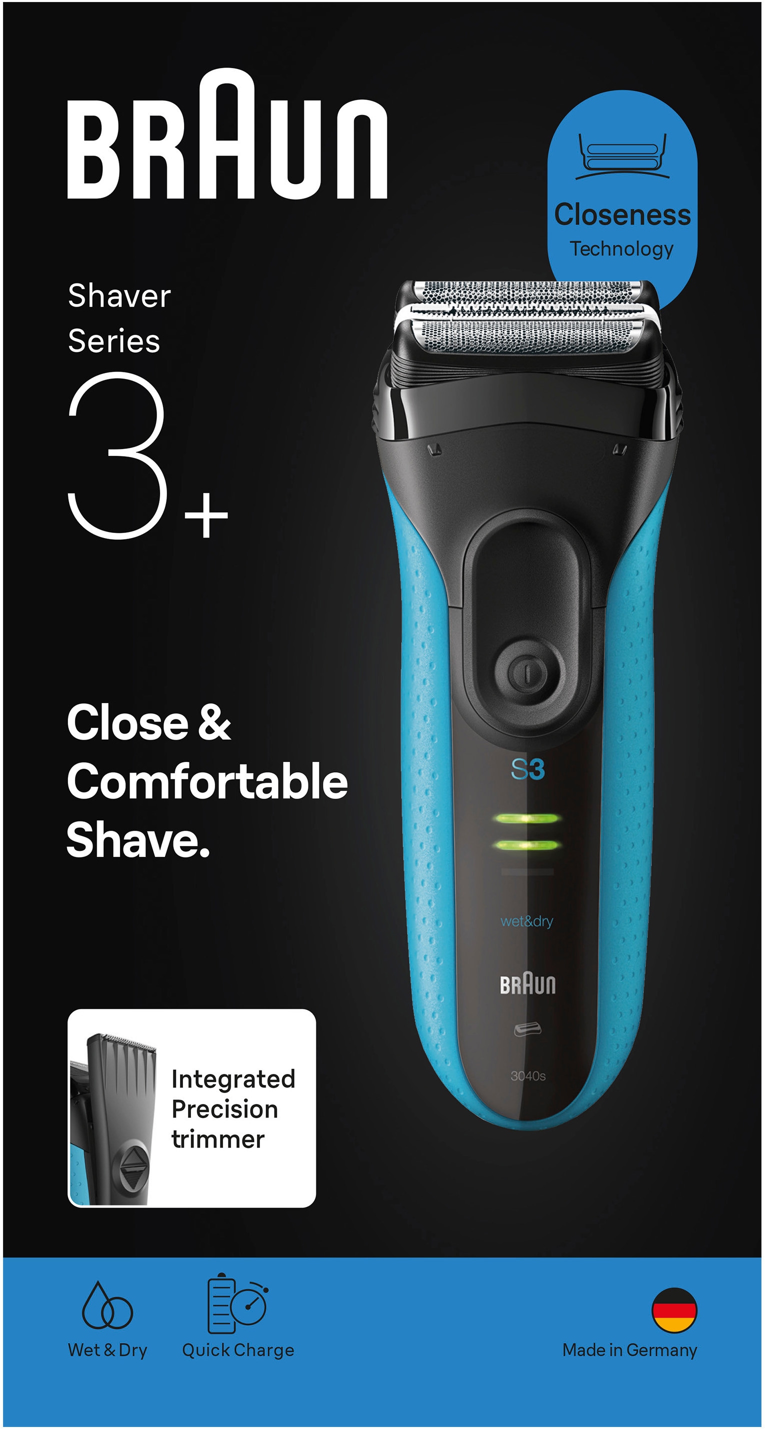 Braun Elektrorasierer »Series 3+ 3040s« 3 flexible Klingen, effizienter MicroComb Mitteltrimmer