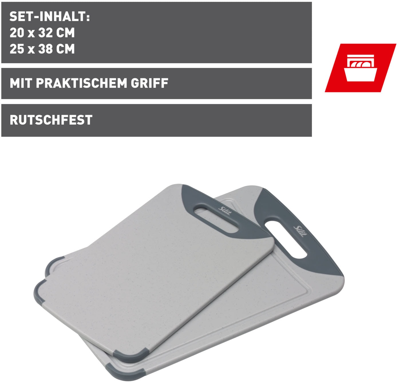 Silit Schneidebrett, (Set, B/L: 25/38 und 20/32 cm), rutschfest, beidseitig nutzbar