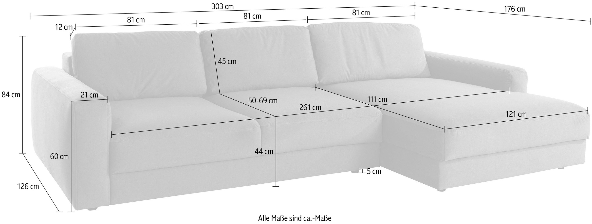 Places of Style Ecksofa »Bloomfield, elegant, viel Platz, Mega Couch, Breite 303cm, L-Form«, extra tiefe Sitzfläche, wahlweise mit Sitztiefenverstellung