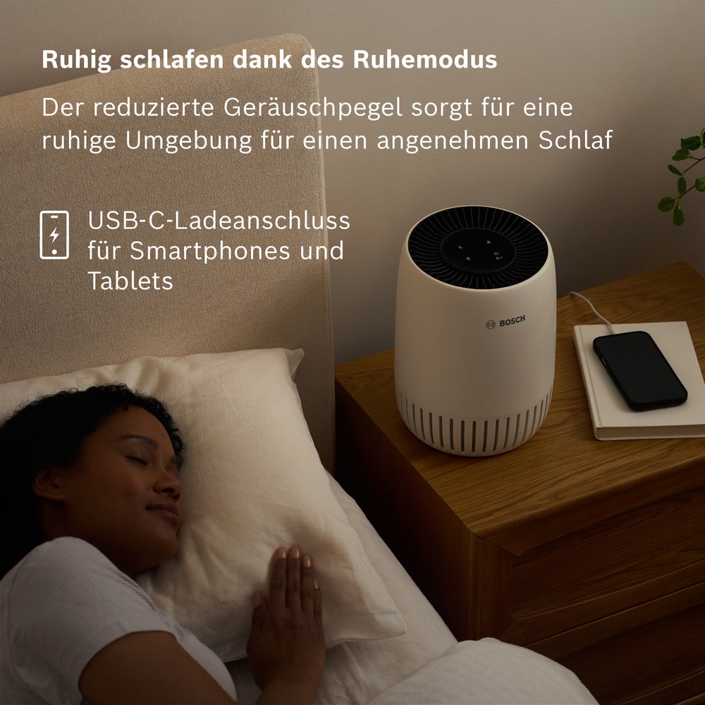 BOSCH Luftreiniger »Air 500, für eine effektive Reinigung, kompaktes Design« für 23 qm Räume USB-C Anschluss zum Laden eines Smartphones und Ruhemodus