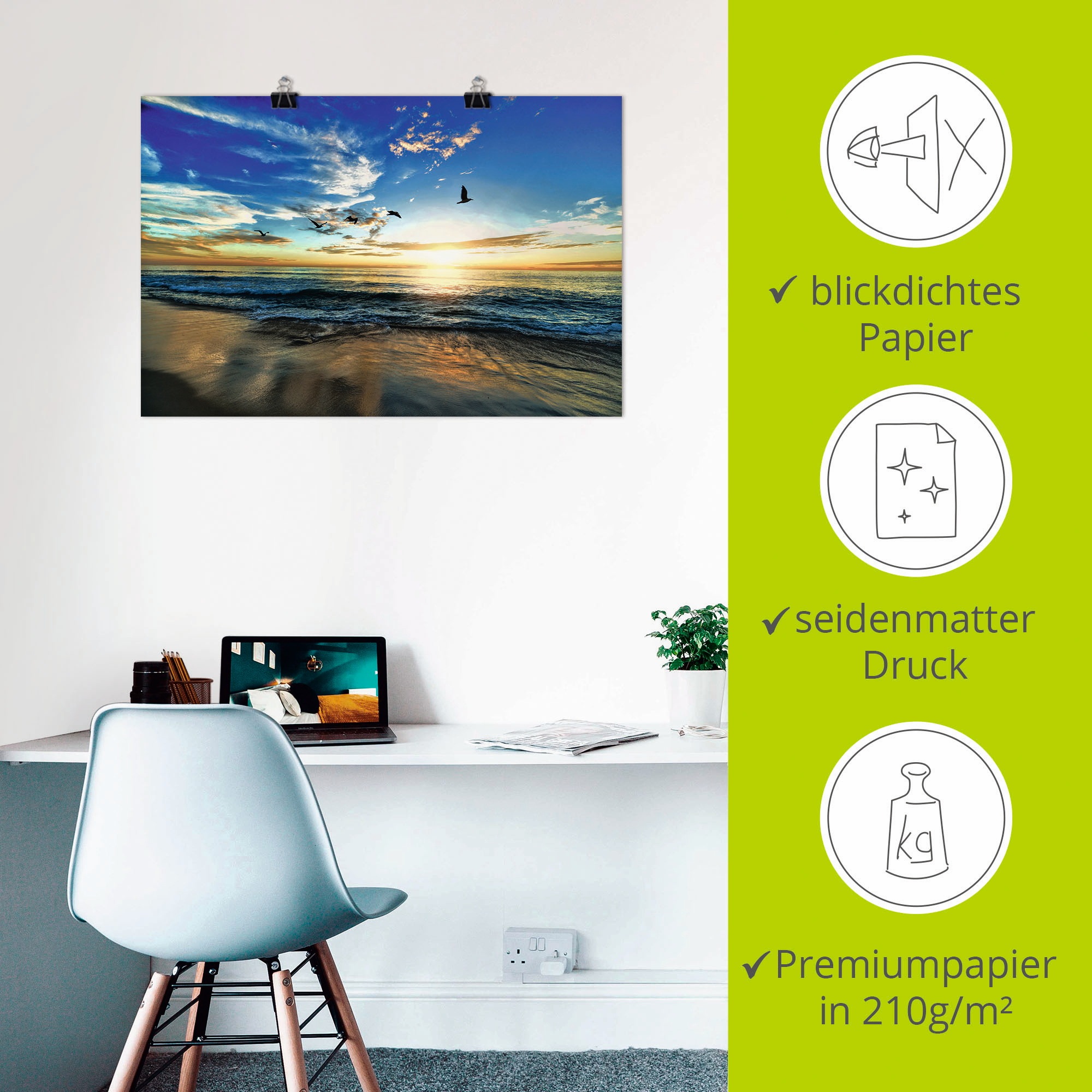Artland Wandbild »Strand Möwen Meer Sonnenuntergang«, Sonnenaufgang & -untergang, (1 St.), als Alubild, Outdoorbild, Leinwandbild, Poster, Wandaufkleber