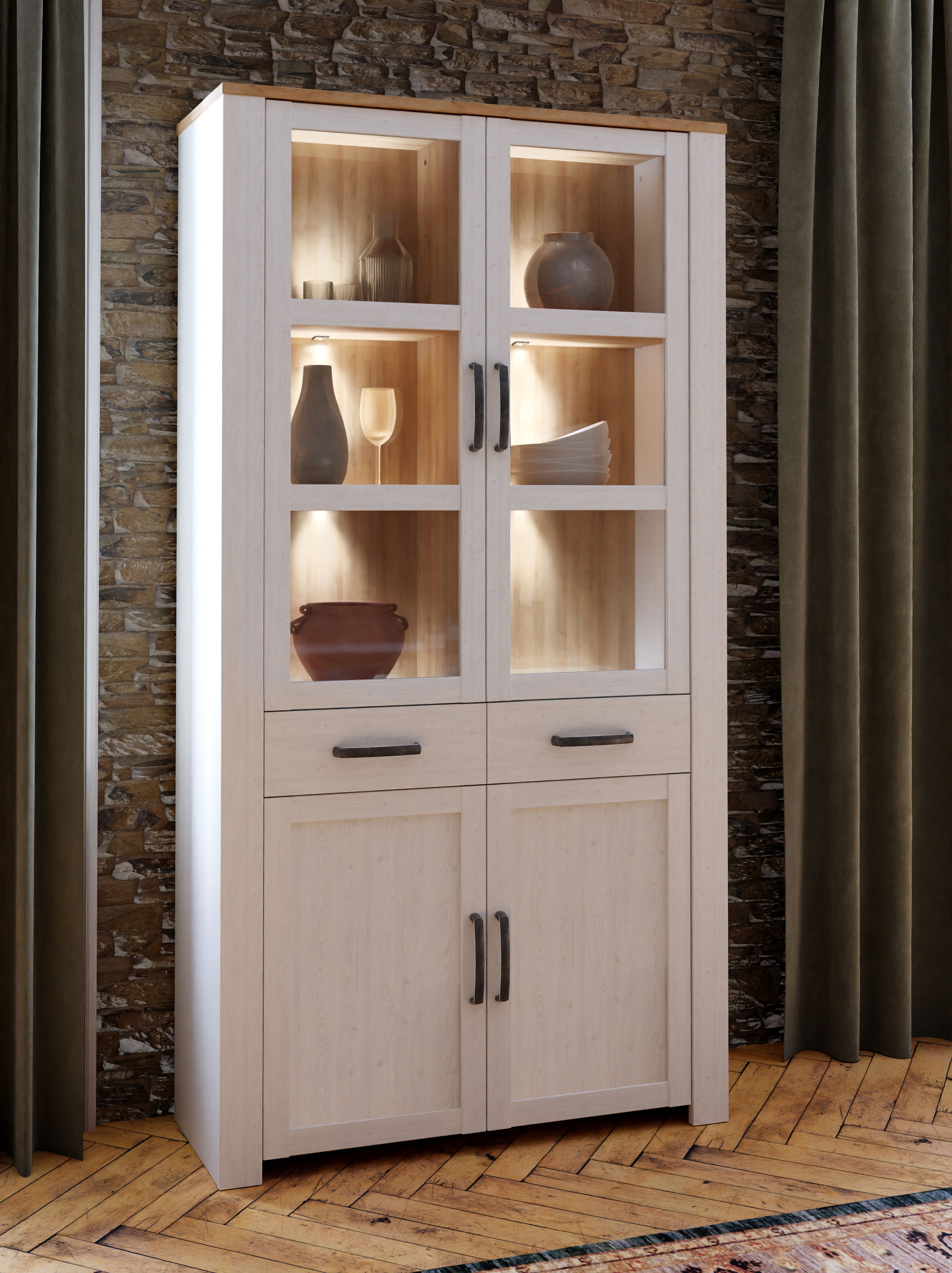 FORTE Highboard »Bohol, Vitrine mit Glastüre, viel Stauraum« B/H/T 106,4/205,4/42 cm Beleuchtung optional bestellbar