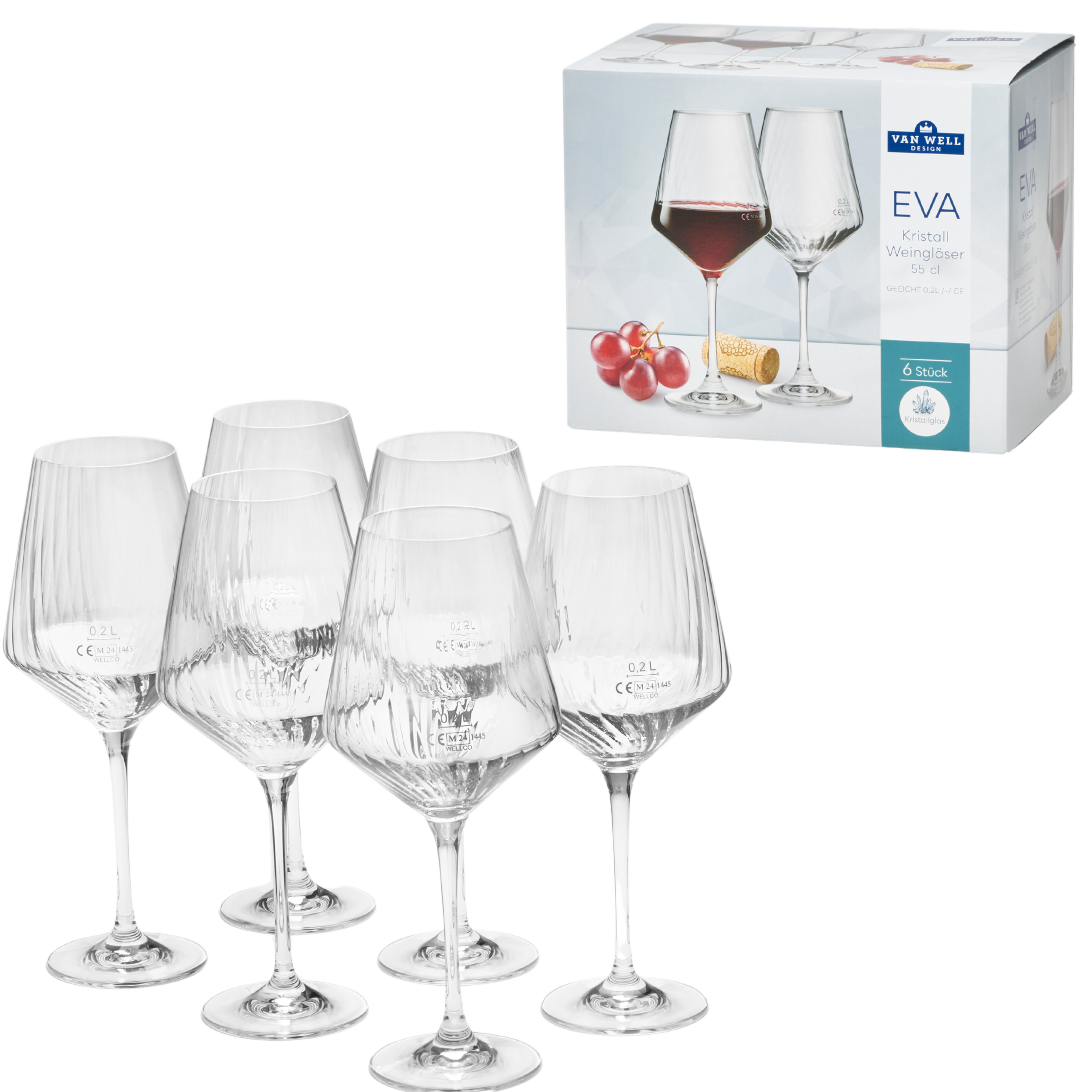 van Well Weinglas »Eva, Weingläser 55 cl geeicht, 6 Stück« Relief-Optik, spülmaschinengeeignet