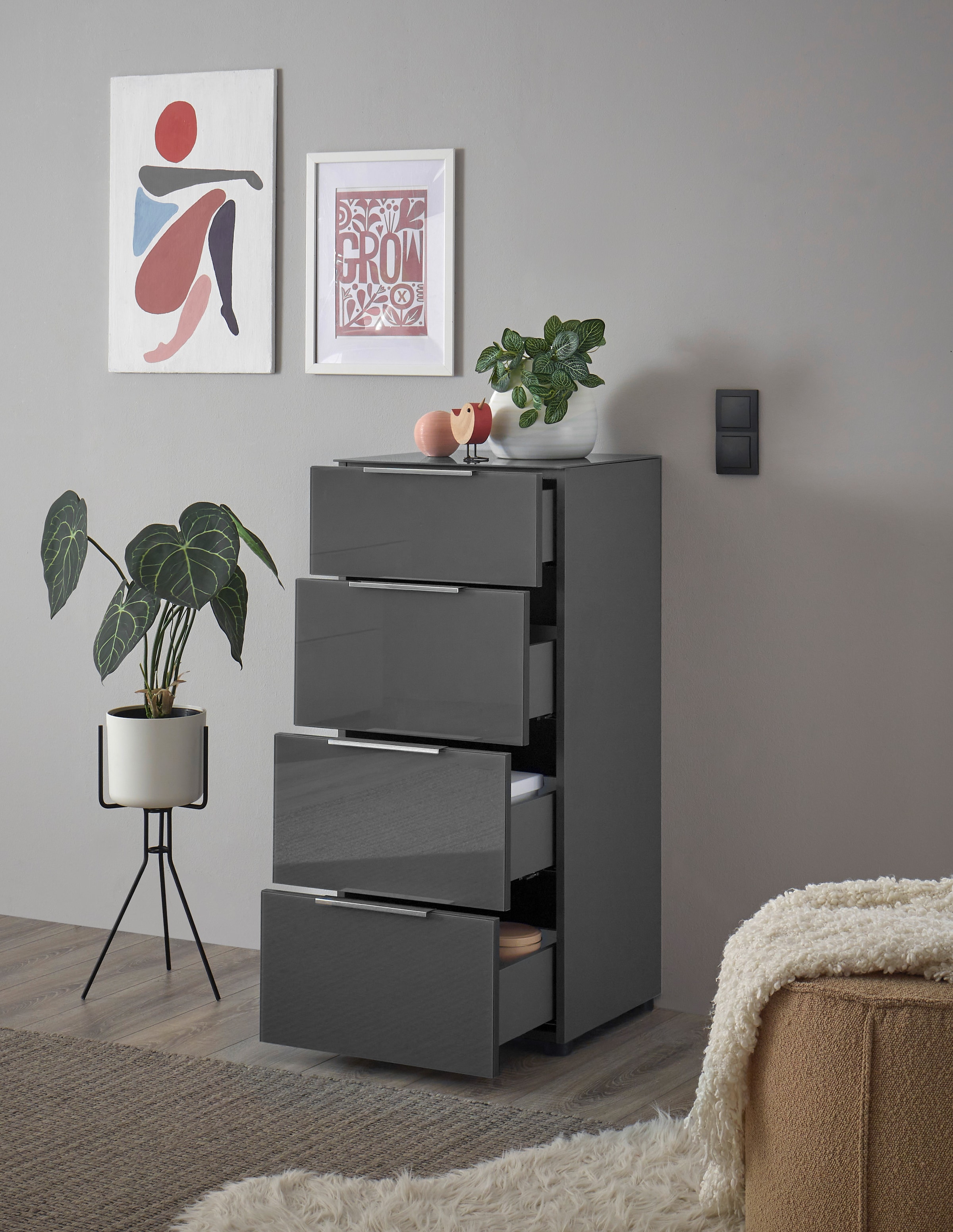 HBZ Kommode »Santorin Mehrzweckschrank mit Schubkästen, BxHxT 45x99x40 cm« 1 Stk. tlg. Mit 4 Schubkästen mit Softclose, Glasfront und Glasoberboden