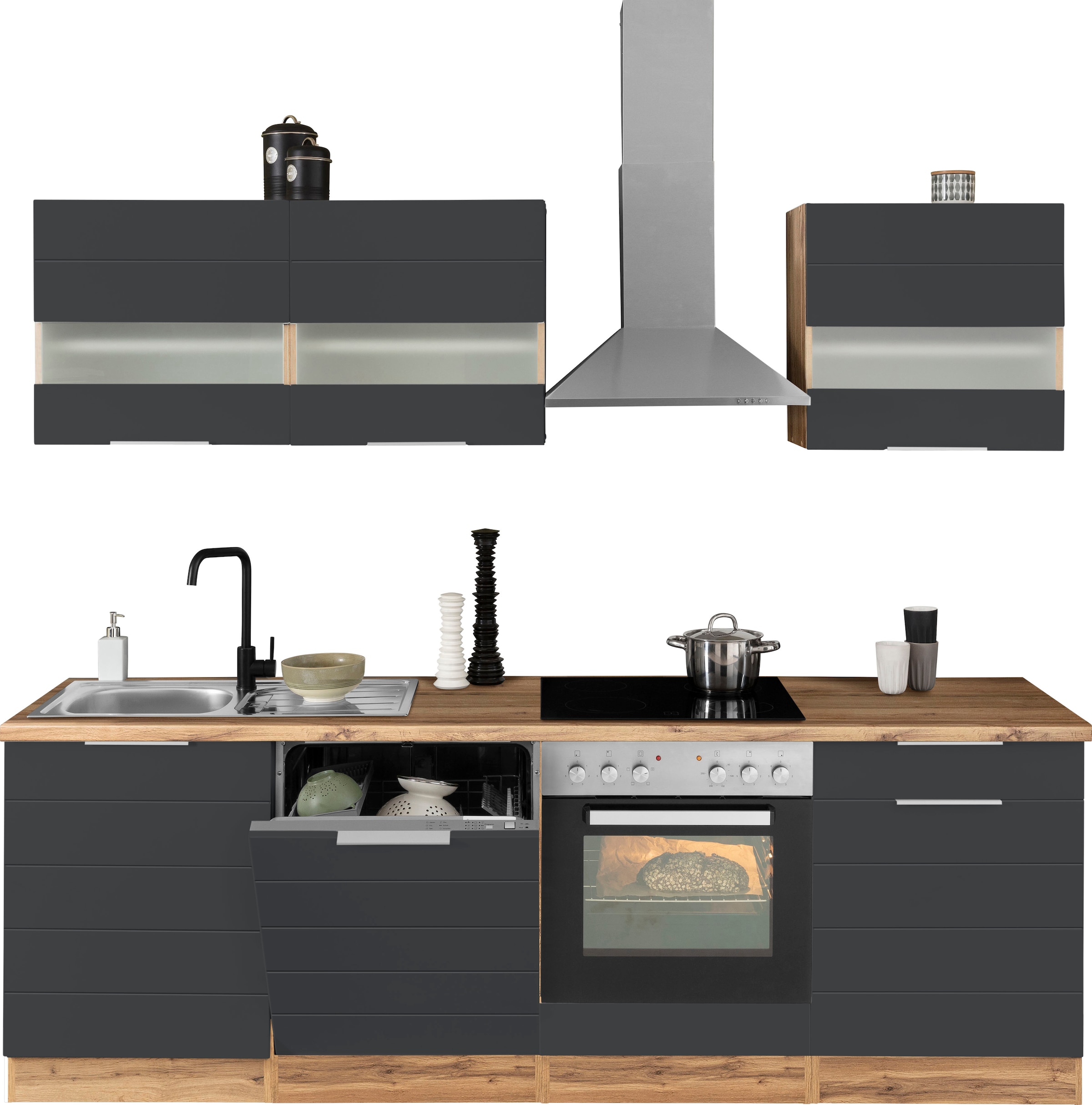 KOCHSTATION Küchenzeile »KS-Luhe« 240 cm breit, wahlweise mit oder ohne E-Geräten, gefräste MDF-Fronten