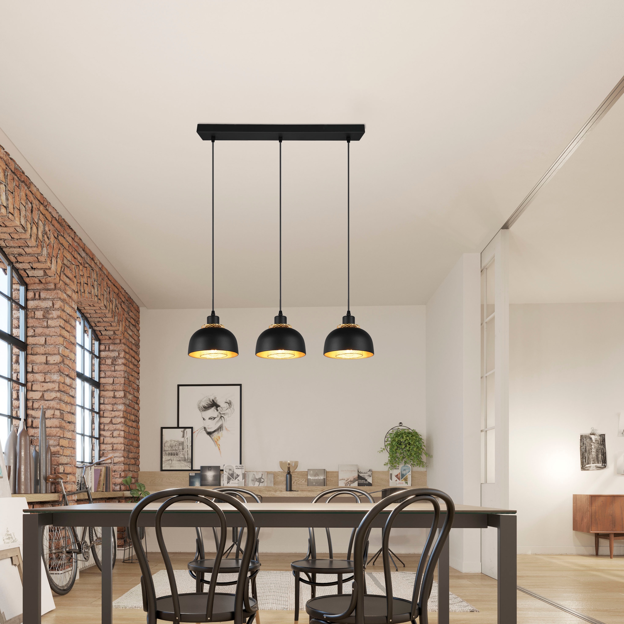 REALITY Leuchten Pendelleuchte »Punch«, 3 flammig, Leuchtmittel E27 | ohne Leuchtmittel, 3-flg, Industrie-Look mit Doppelschirm schwarz-gold exkl 3xE27 max 40W