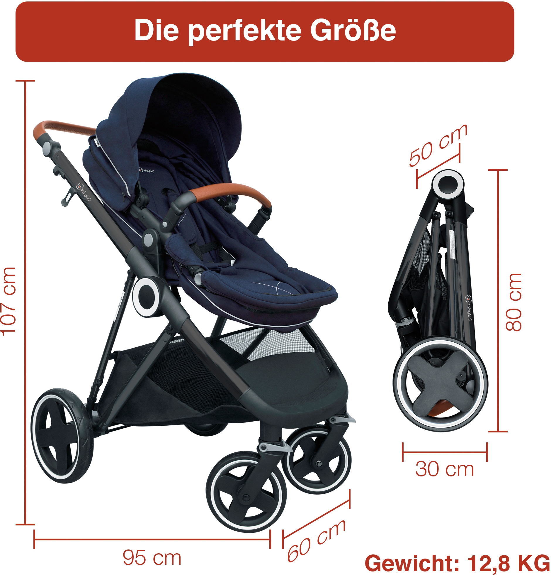 BabyGo Kombi-Kinderwagen »Halime 3in1, Blue Black«, inklusive Babywanne, Babyschale, Regenhaube & Wickeltasche