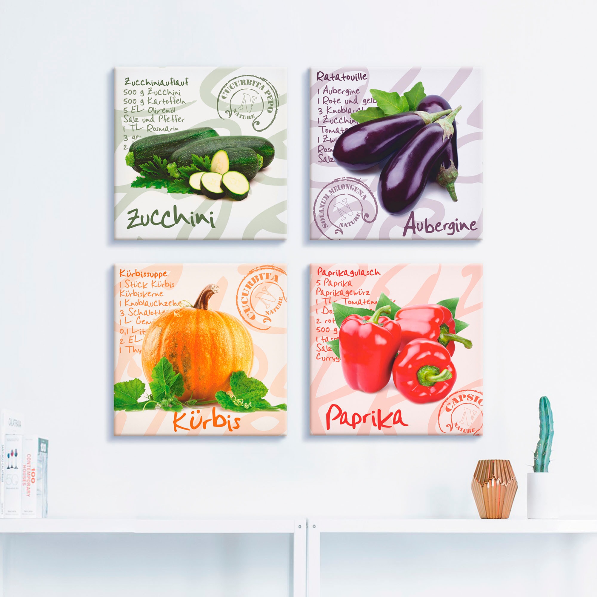 Artland Leinwandbild »Zucchini, Aubergine, Kürbis, Paprika« Lebensmittel 4 Stk. tlg. 4er Set, verschiedene Größen