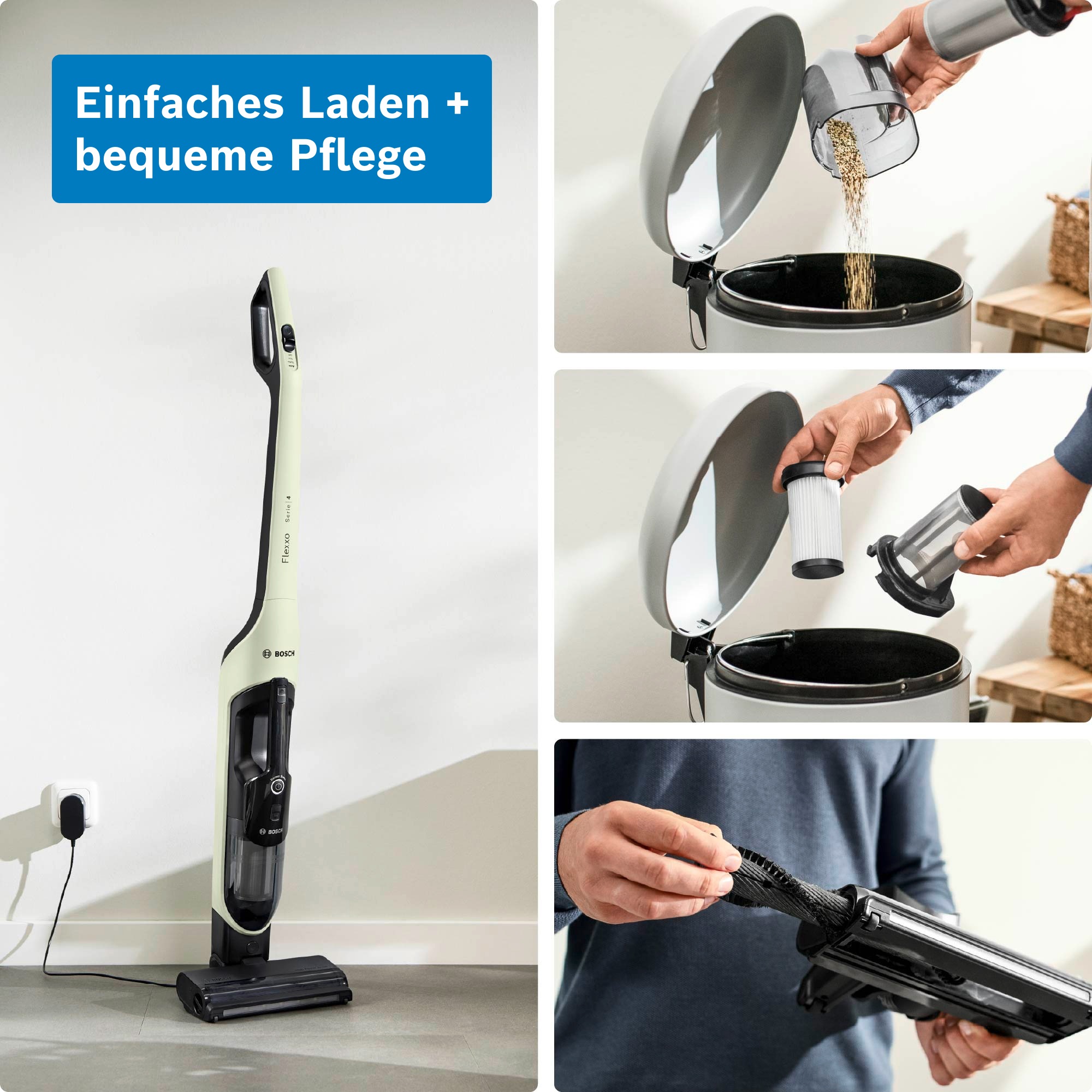 BOSCH Akku-Stielstaubsauger »Flexxo Serie 4 BCH4FM28/BCH4SM28, 2in1 Akku-Staubsauger, freistehend« kabellos, integriertes Zubehör, beutellos, 60 Min. Laufzeit
