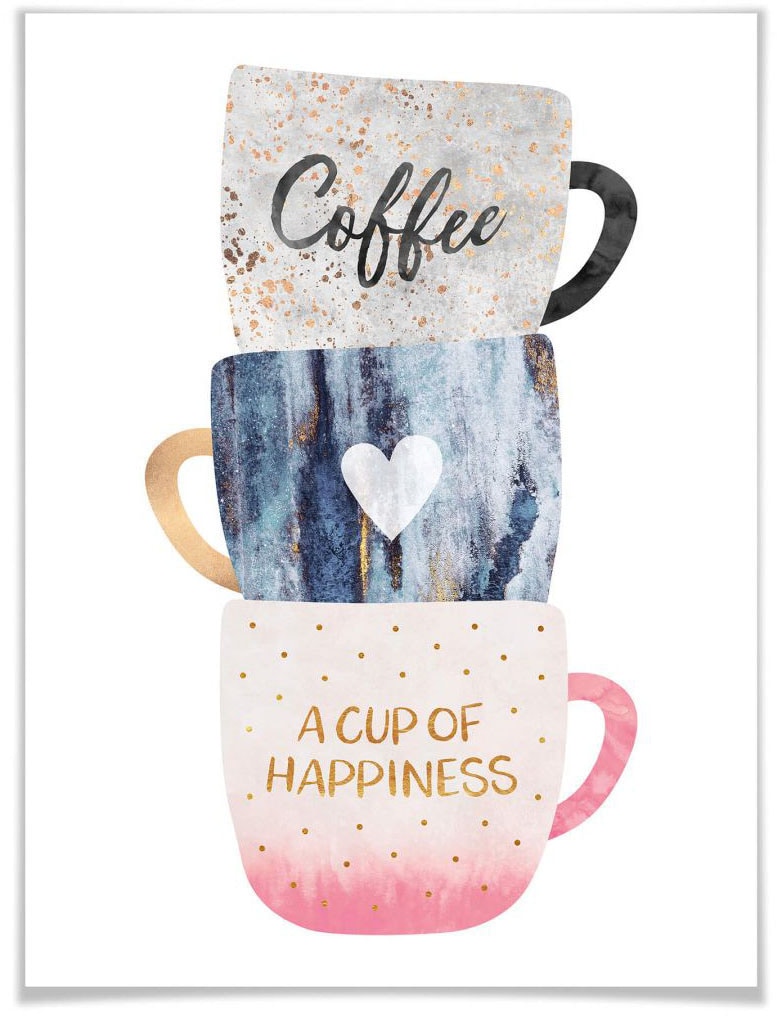 Wall-Art Poster »Kunstdruck Küche A cup of happiness«, Schriftzug, (1 St.), Poster ohne Bilderrahmen