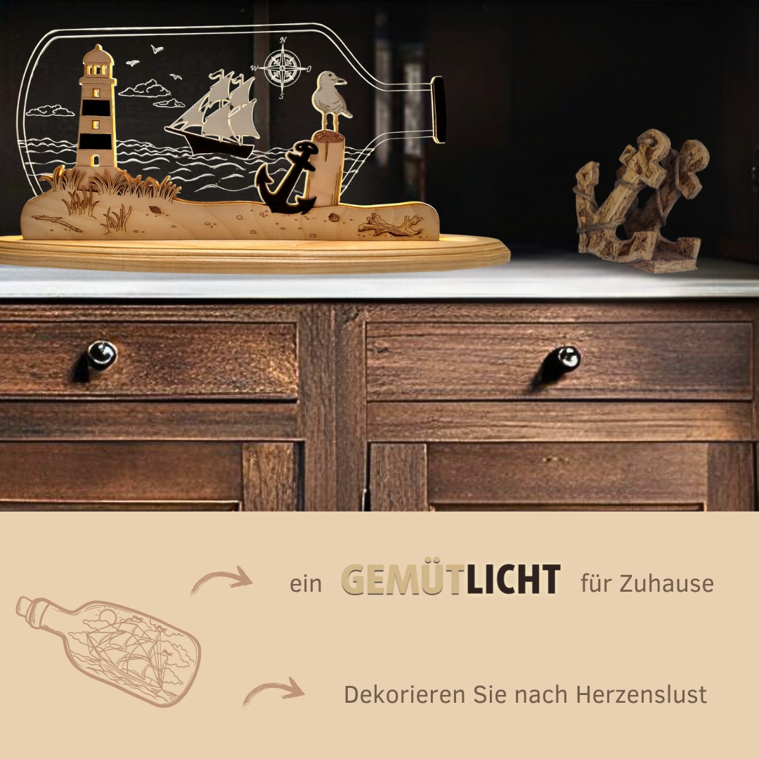 Weigla LED Dekolicht »Flaschenpost "Maritim" aus Holz & Acrylglas« Erzgebirge garantiert, maritime Innendeko, Dekolampe