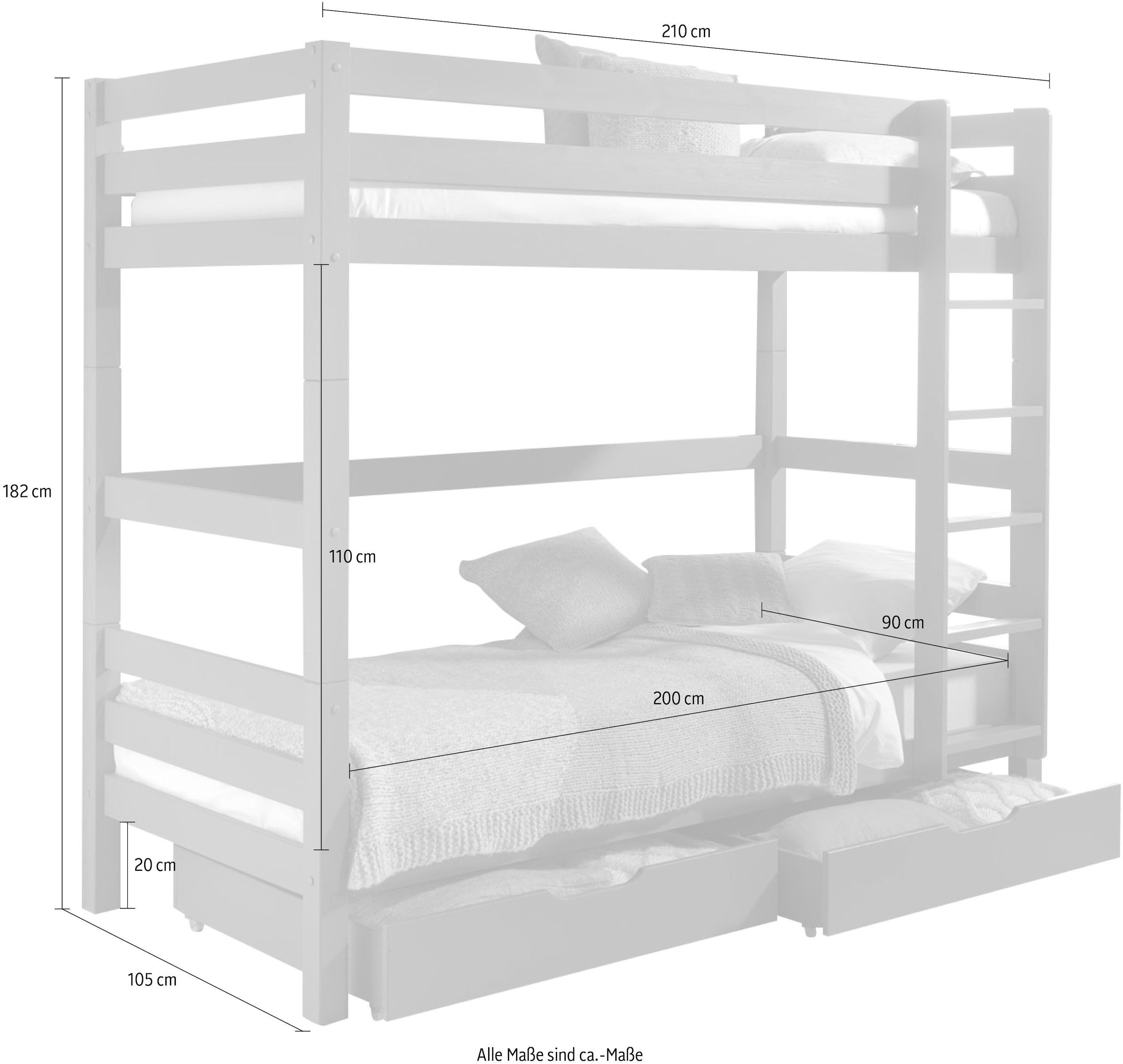 Vipack Etagenbett »Pino, inkl. Rolllattenrost, Leiter und Absturzschutz«, (B/H/T ca. 210x182x105cm, massiv Kiefer verschiedene Farben), wahlweise ohne Schublade, mit 1 großen, 2 kleinen Bettschubladen