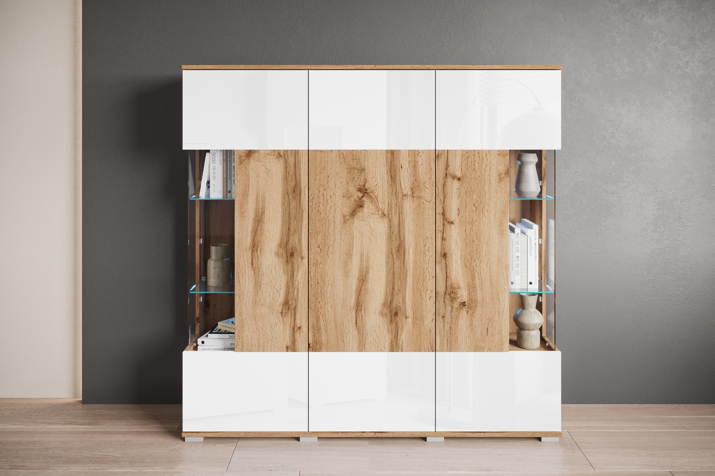 INOSIGN Highboard »Kenia«, (1 St.), Modernes Highboard, mit Glastüren, Breite 135 cm