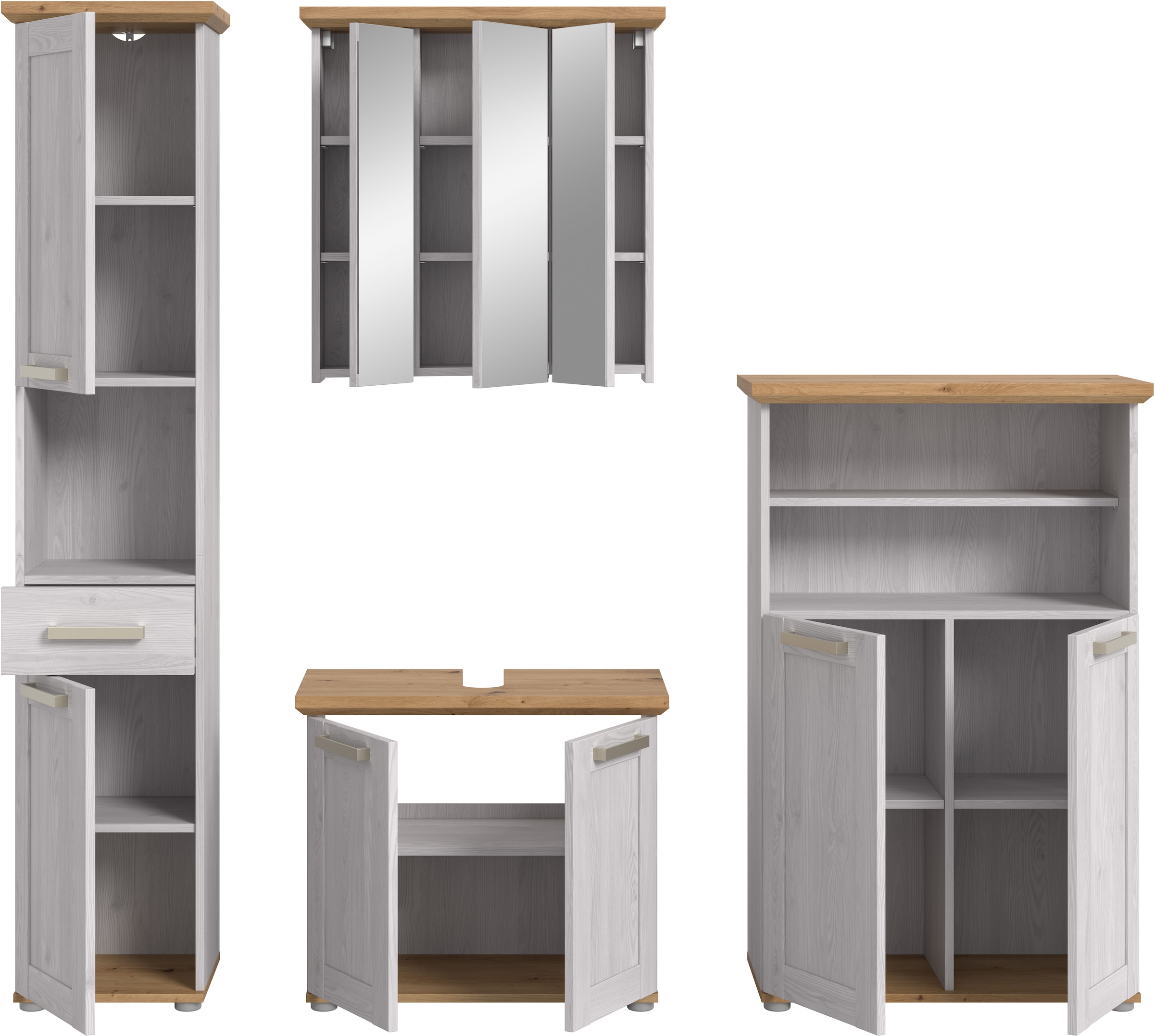 welltime Badmöbel-Set »COSENZA, 4-teilig, in Landhausoptik, mit farblich abgesetztem Kranz« best. aus: 1 Hochschrank, 1 Spiegelschrank, 1 WBU und 1 Midischrank, 4 Stk. tlg.