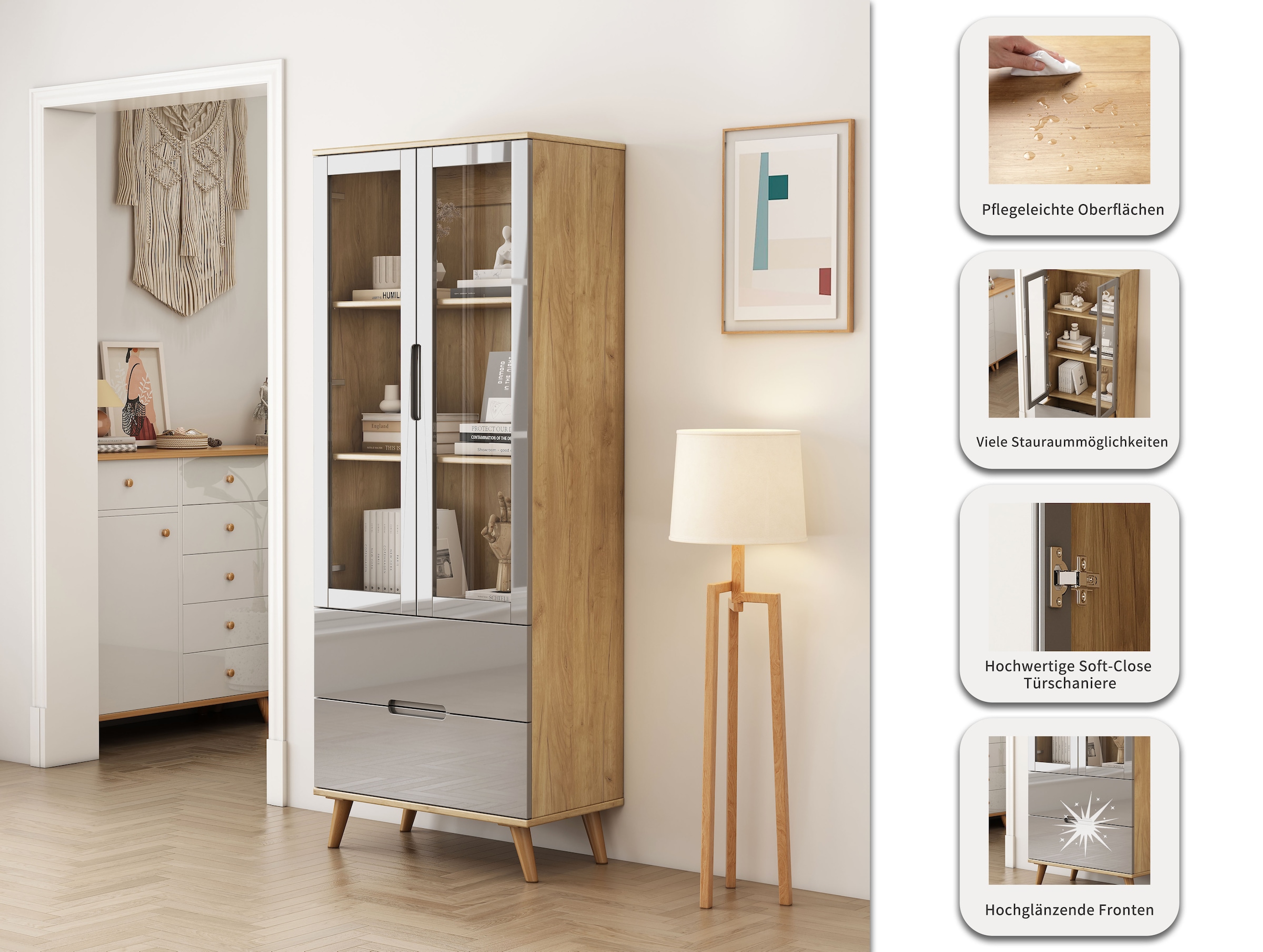 OTTO home Highboard »Lund« mit glänzenden Fronten, Glastüren, helles Holzdekor, Breite 70 cm