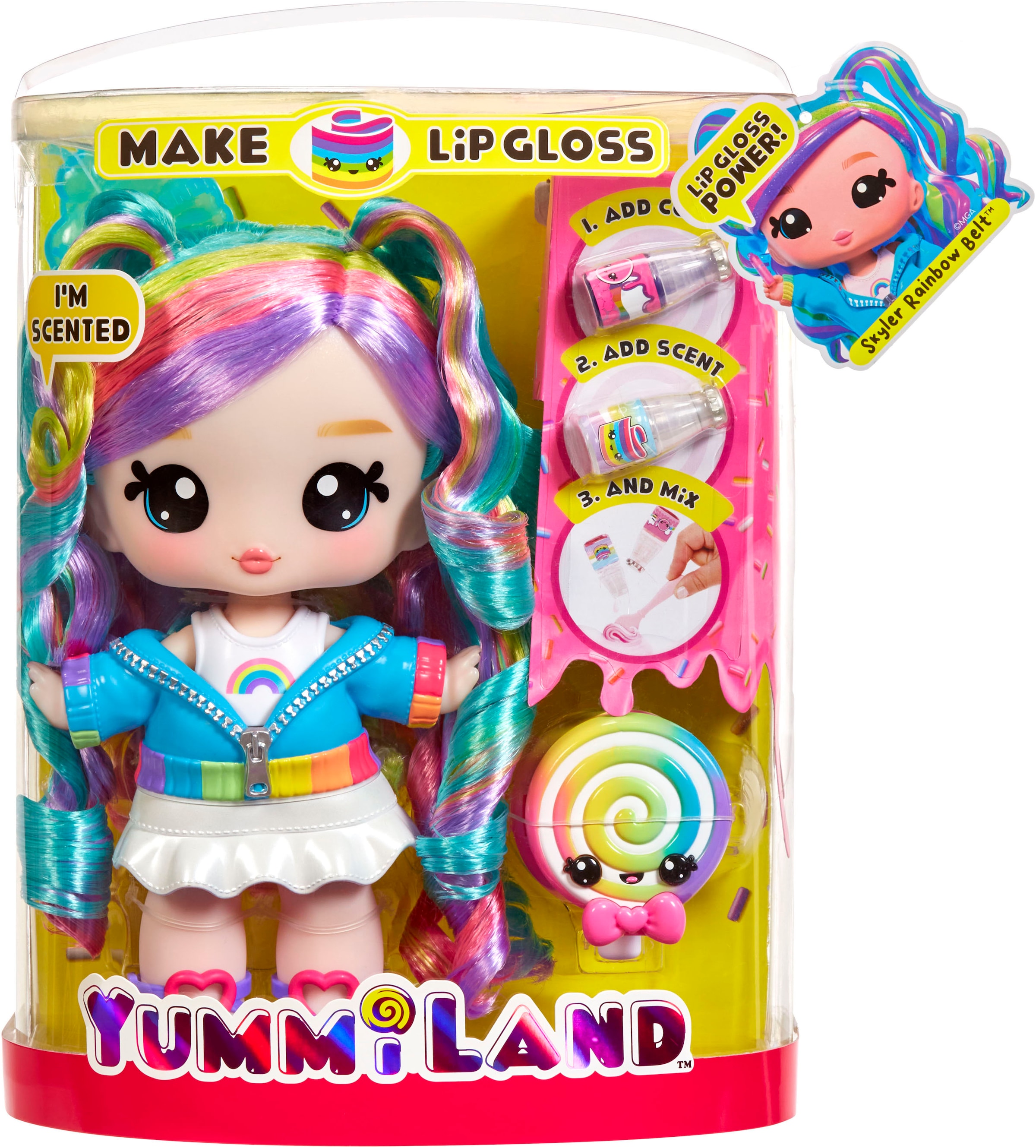 Anziehpuppe »Yummiland Large Doll + Lip Gloss Pet- Rainbow (Skyler Rainbow Belt)«, duftend