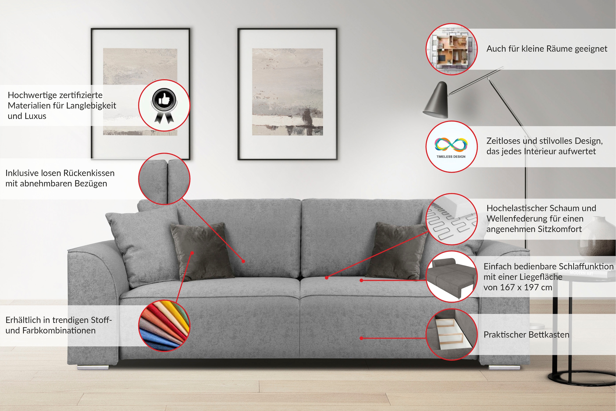 OTTO home 3-Sitzer »BEATRICE, B: 250 cm - wahlweise mit Bettfunktion« u. Bettkasten, incl. 2 Zierkissen