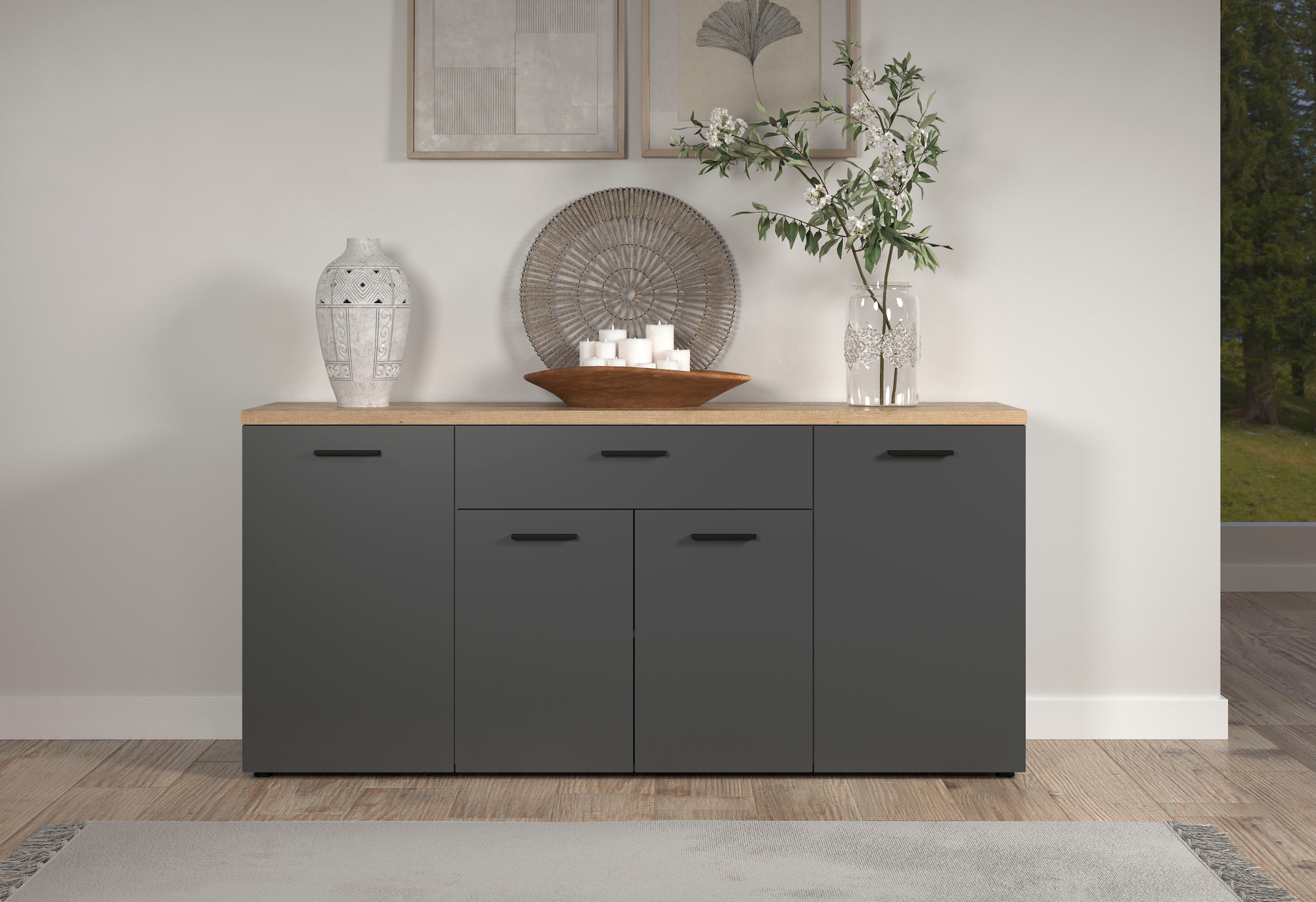 Home affaire Sideboard »Bajo« 1 Stk. tlg. Kommode mit 4 Türen und 1 Schubkasten – (B/T/H) 180/42/85 cm
