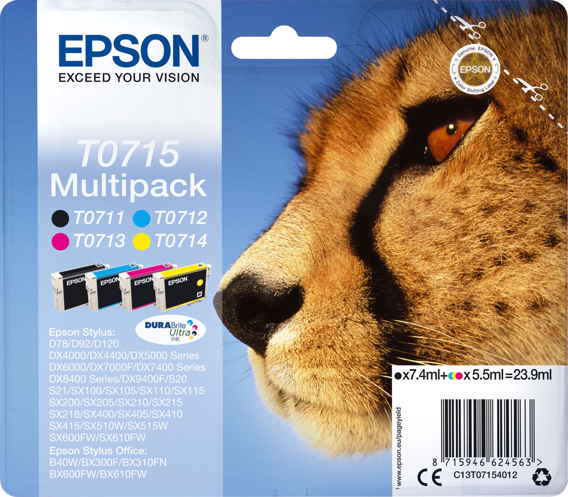 Epson Tintenpatrone »T0715«, (Spar-Set), original Druckerpatrone T0715, C13T07154012 schwarz/cyan/magenta/yellow
