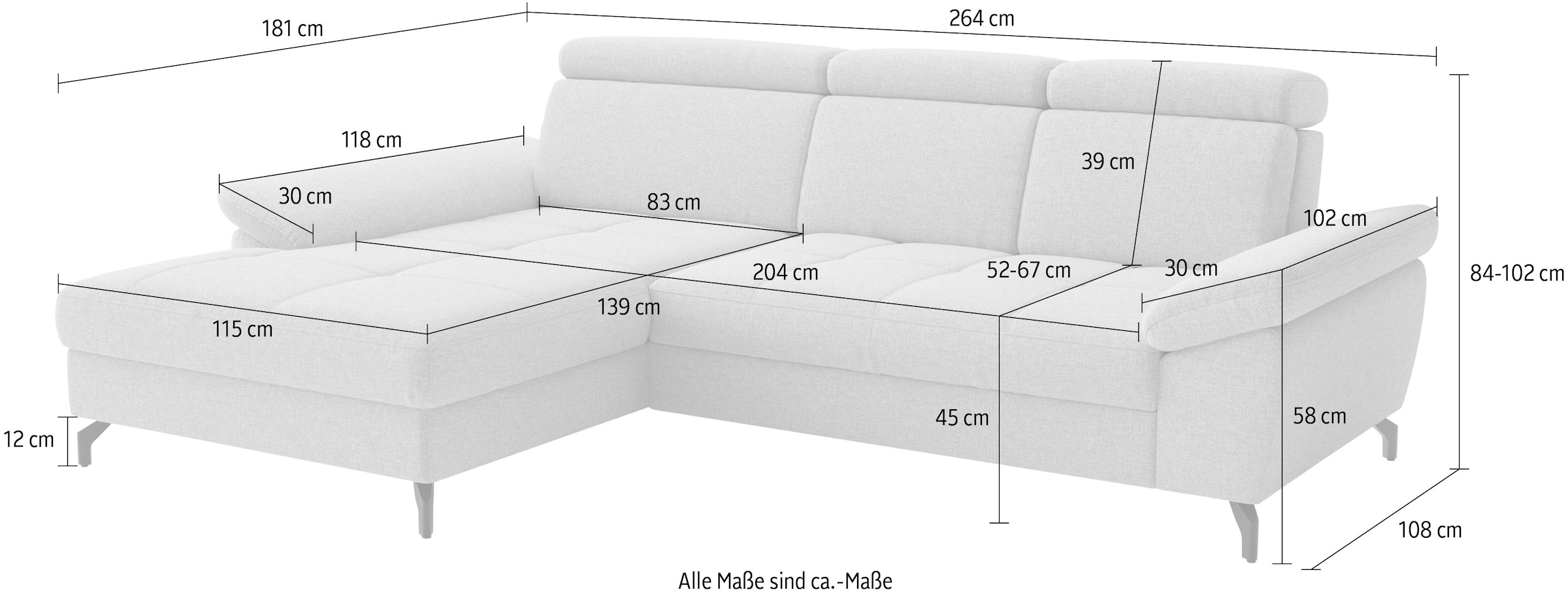 sit&more Ecksofa »Vanity, L-Form, B: 264 cm,« Inkl.Sitz-,Kopf-und Armteilverstellung