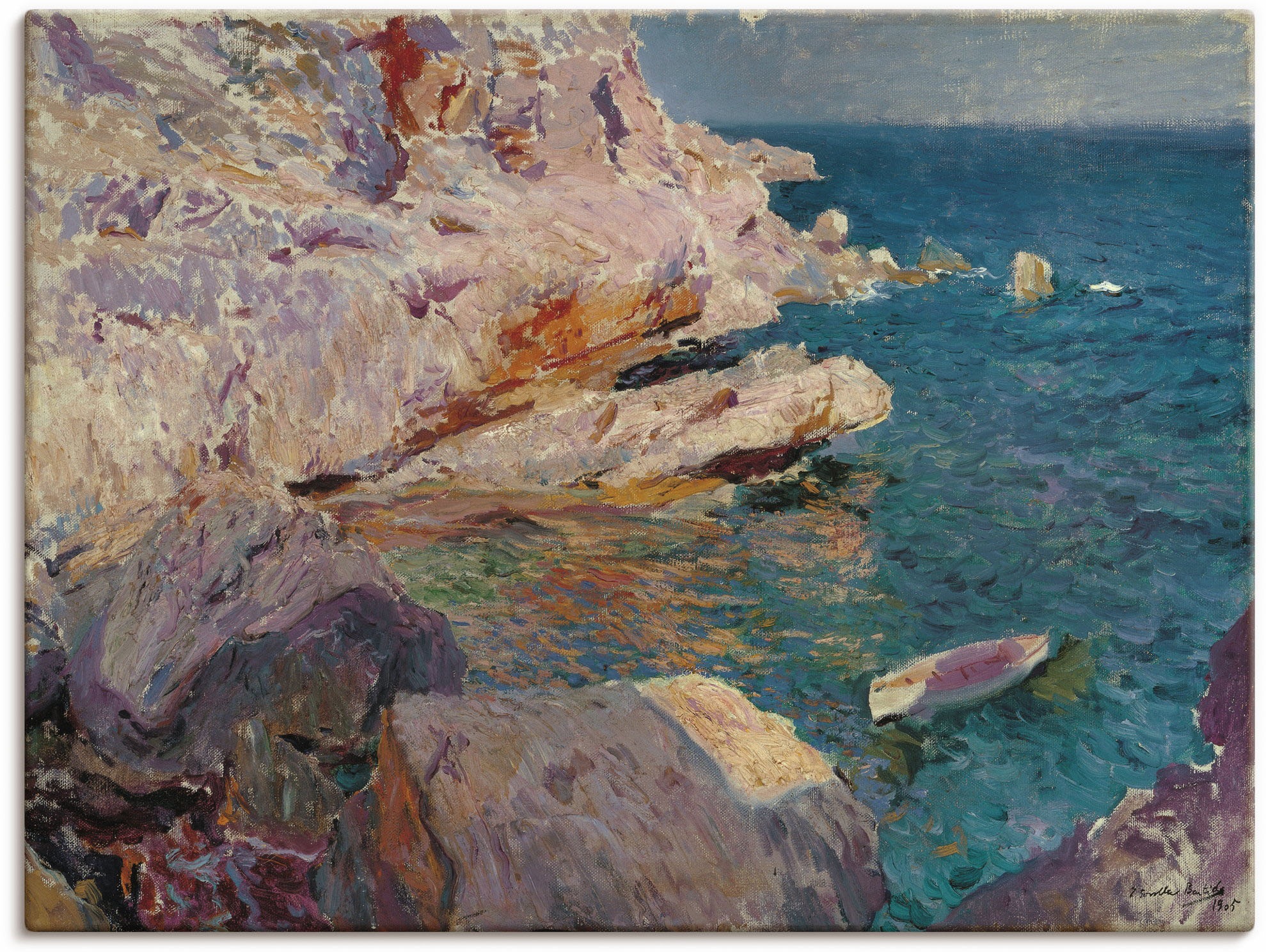Artland Wandbild »Felsen von Jávea mit weißem Boot. 1905«, Felsen, (1 St.), in vielen Größen & Produktarten - Alubild / Outdoorbild für den Außenbereich, Leinwandbild, Poster, Wandaufkleber / Wandtattoo auch für Badezimmer geeignet
