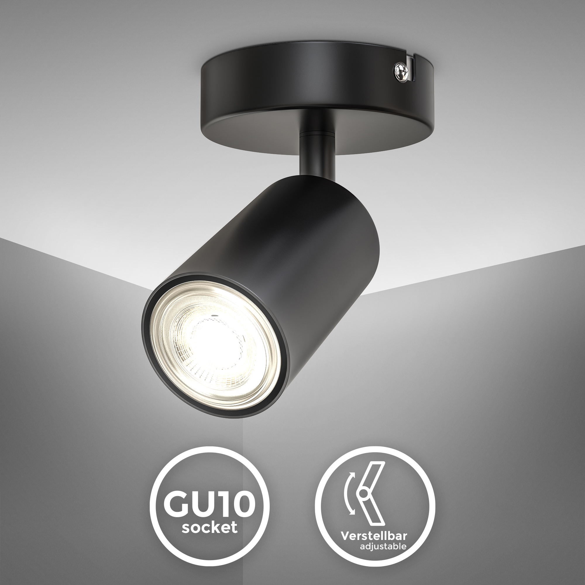 B.K.Licht Deckenspot, 1 flammig, Leuchtmittel GU10 | ohne Leuchtmittel, 1-flammige Spotlampe, schwenkbar, drehbar, schwarz, ohne Leuchtmittel