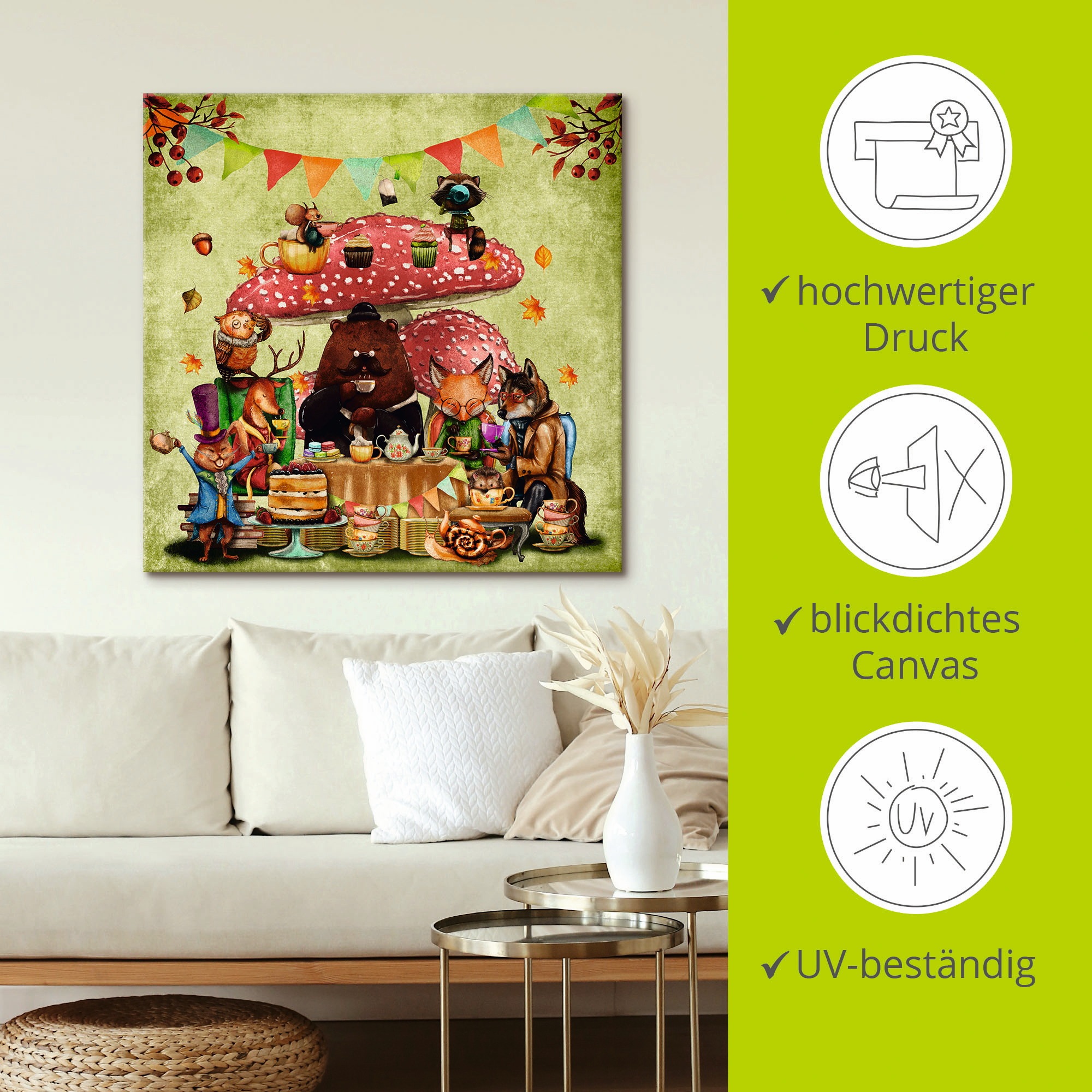 Artland Leinwandbild »Wald Freunde Fliegenpilz Teetrinken« Animal Fantasy 1 Stk. tlg. auf Holzrahmen gespannt