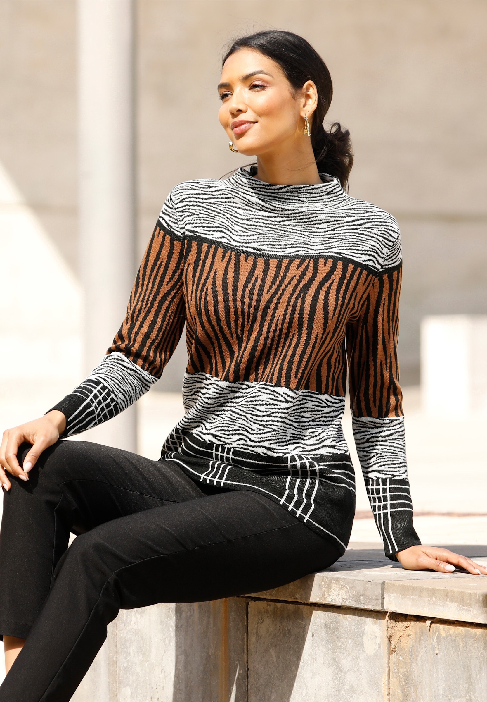 Sieh an! Longpullover »Jacquard-Pullover Jacquard-Pullover mit Kelchkragen«