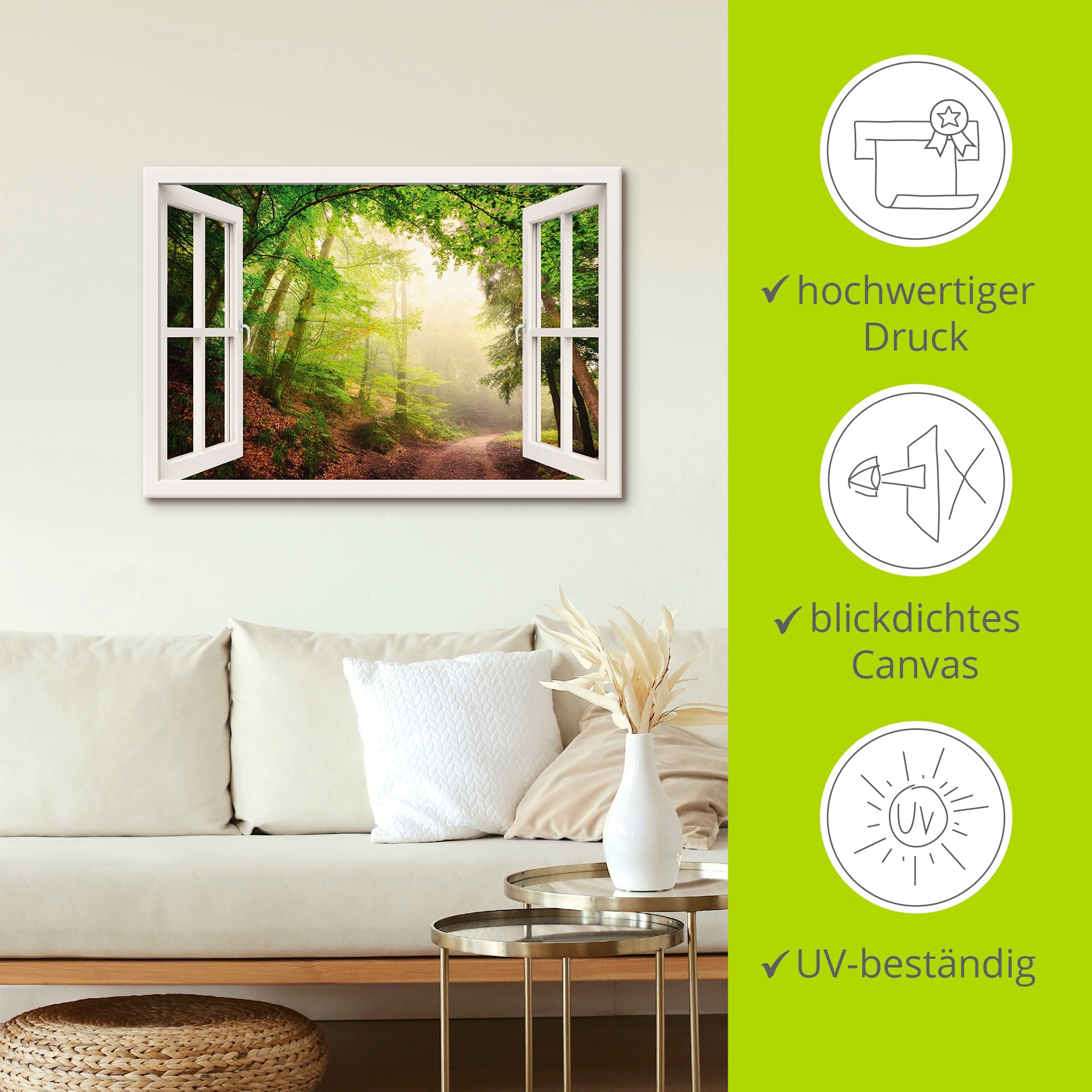 Artland Wandbild »Fensterblick Torbögen durch Bäume«, Wald, (1 St.), als Leinwandbild, Poster in verschied. Größen