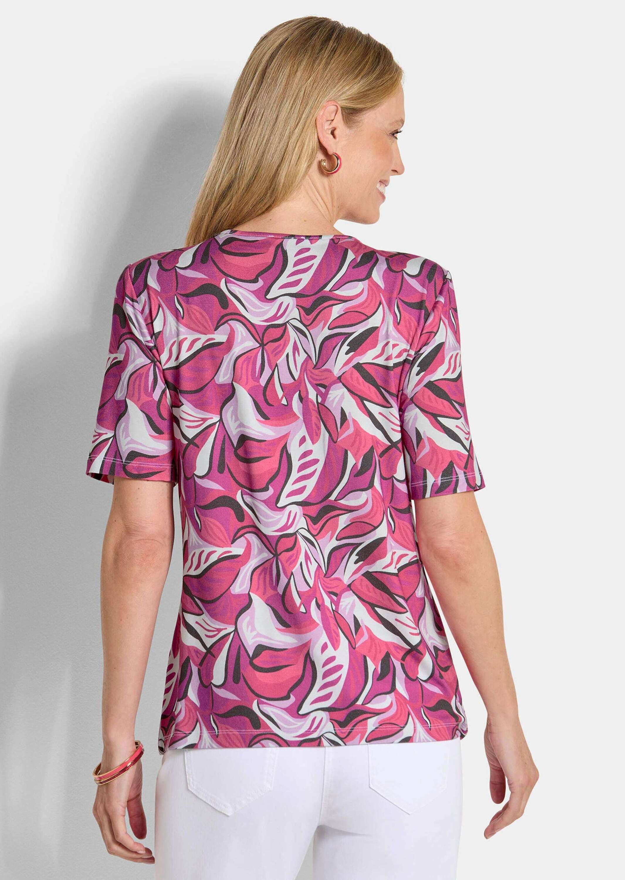 GOLDNER Kurzarmshirt »Kurzgröße Cityshirt mit Blätter-Motiv« dekorative Falten am Ausschnitt