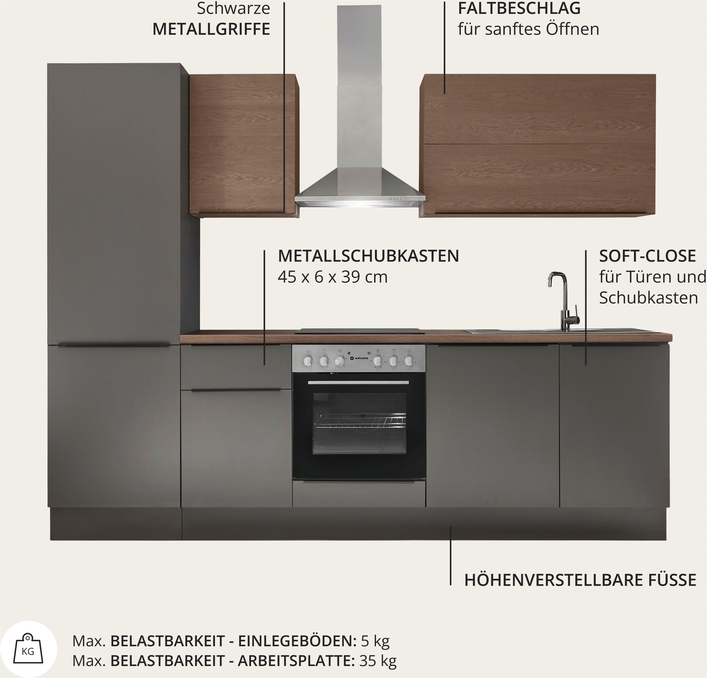 KOCHSTATION Küchenzeile »Cocco B/H/T 280x211x60 cm« Breite 280 cm, wahlweise mit E-Geräten und Induktion
