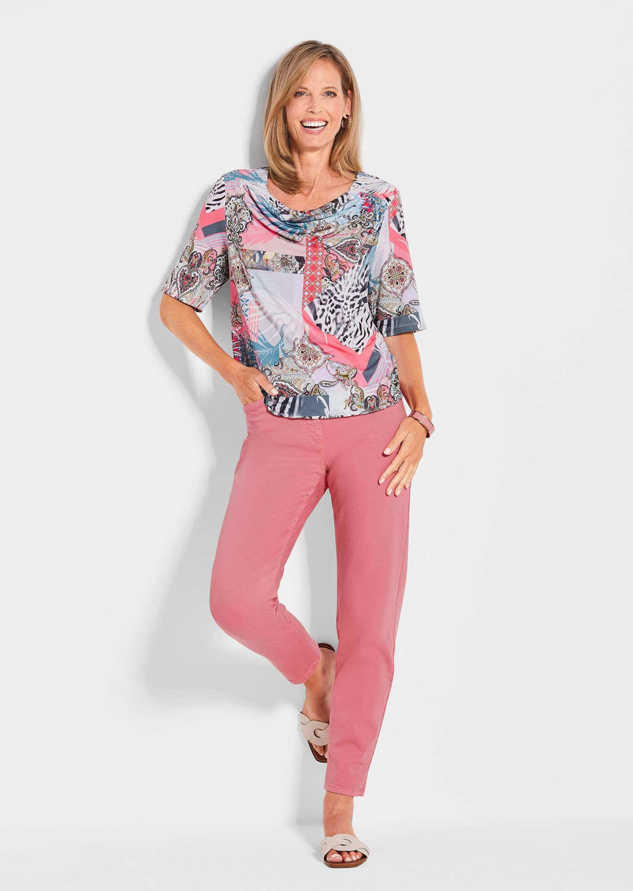 GOLDNER Print-Shirt »Kurzgröße Elegantes Wasserfallausschnitt-Shirt« Gummibund