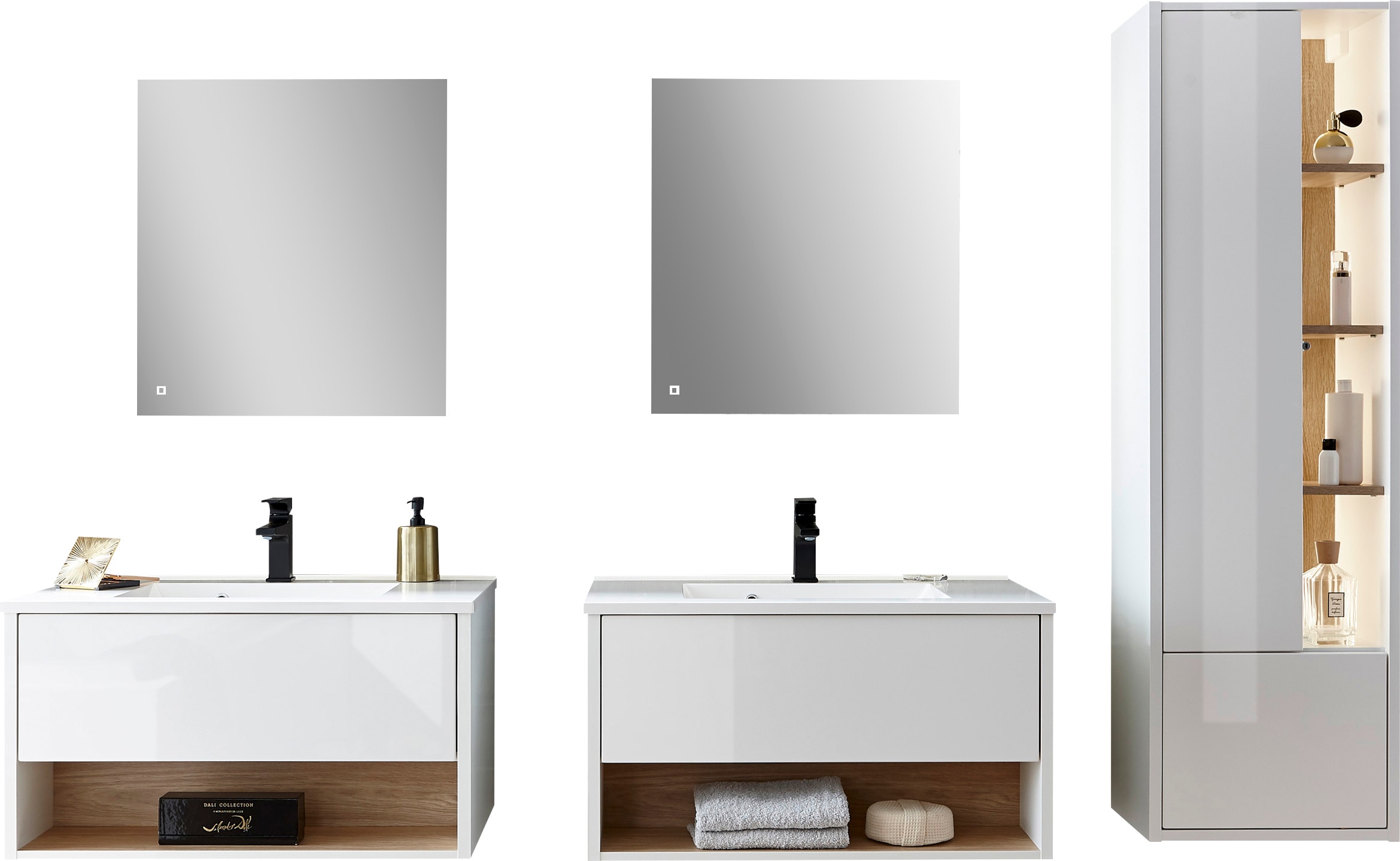 Places of Style Badmöbel-Set »Studio Line, Bad im modernen Design, 5-teiliges Badezimmer«, (5 St.), Schrank, Waschtisch und Spiegel, in zwei Farben verfügbar, Stauraum