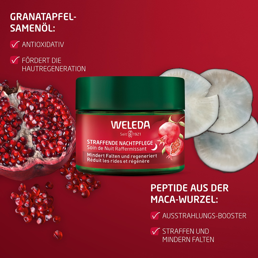 WELEDA Nachtcreme »STRAFFENDE NACHTPFLEGE GRANATAPFEL & MACA-PEPTIDE« mindert Falten und strafft, regeneriert die Haut über Nacht