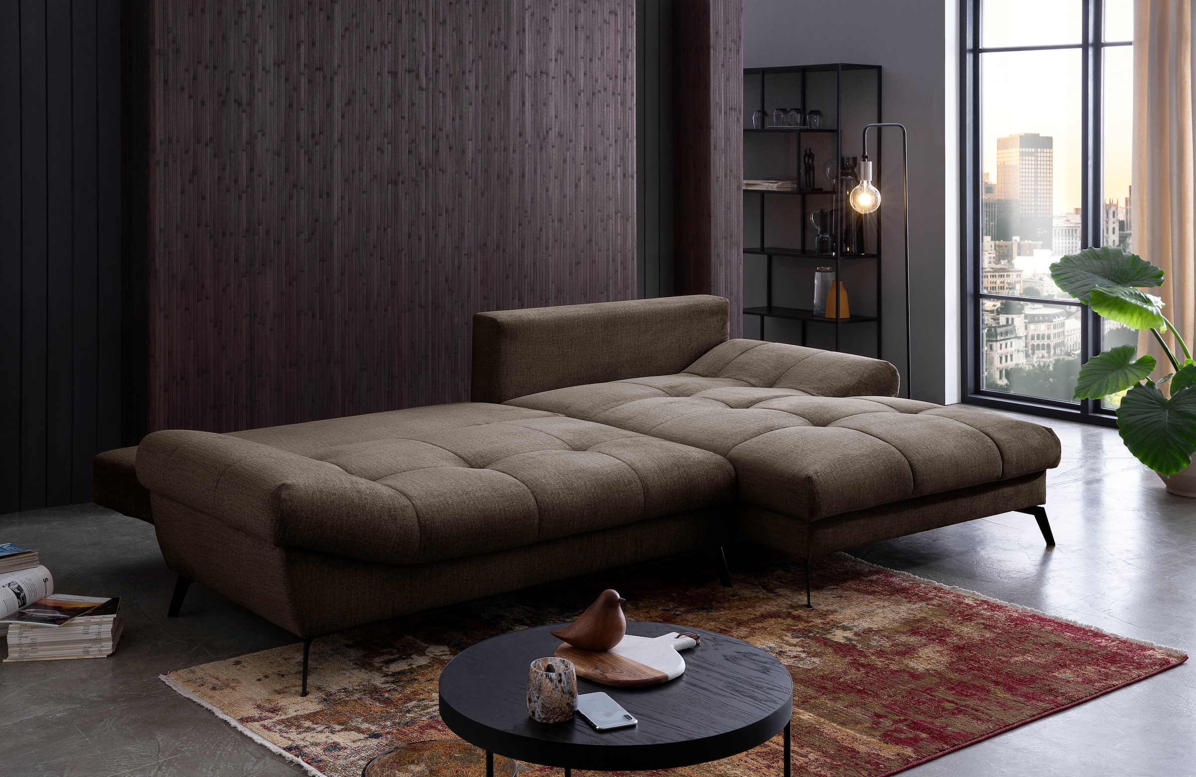 exxpo - sofa fashion Ecksofa »Olmedo, extravagantes Design und toller Sitzkomfort, L-Form«, inklusive Bettfunktion, Bettkasten und Rückenkissen