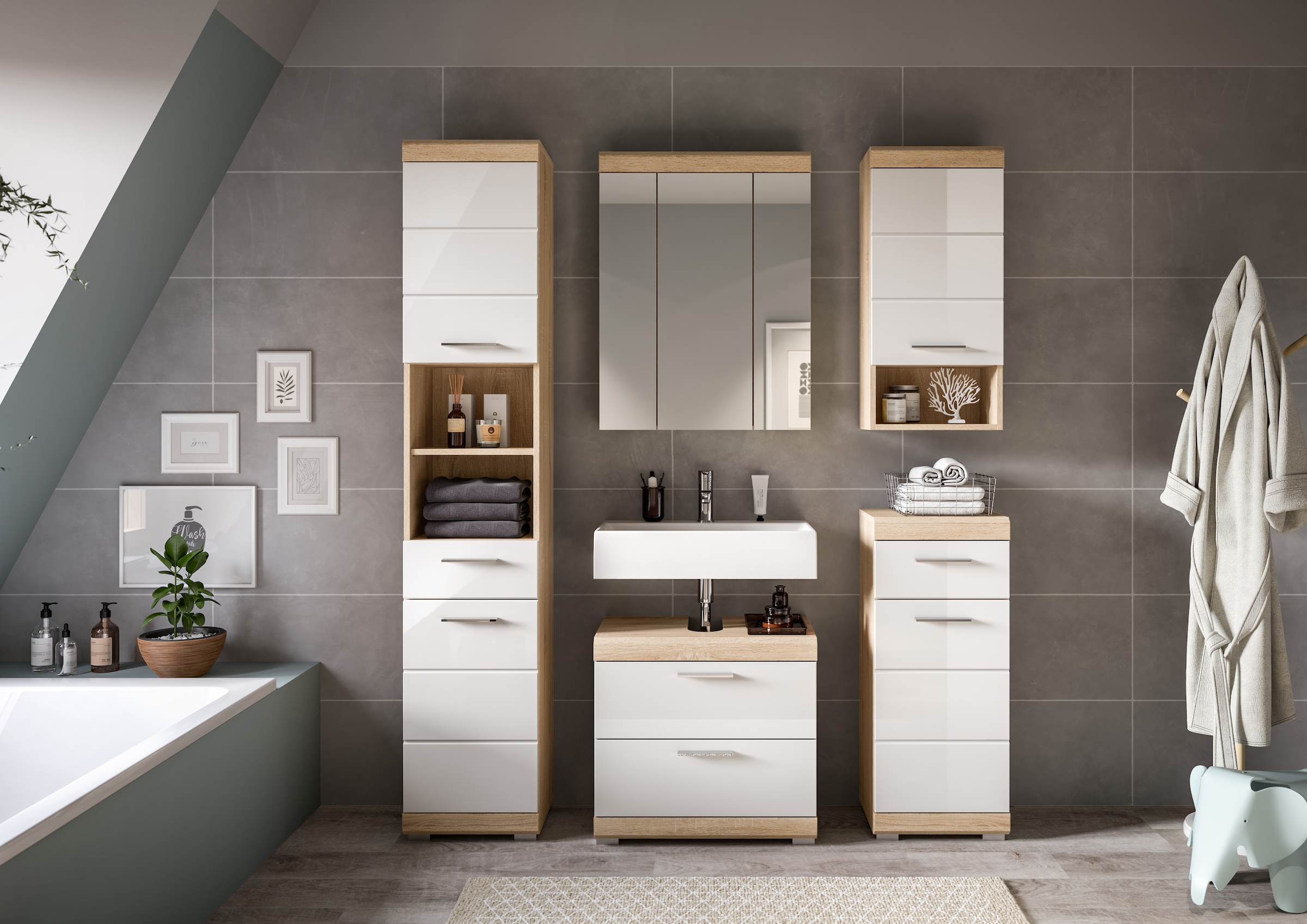 INOSIGN Badmöbel-Set »Siena, 5 teilig, bestehend aus:«, (Set), Hochschrank, WBU, Spiegelschrank, Unterschrank, Hängeschrank