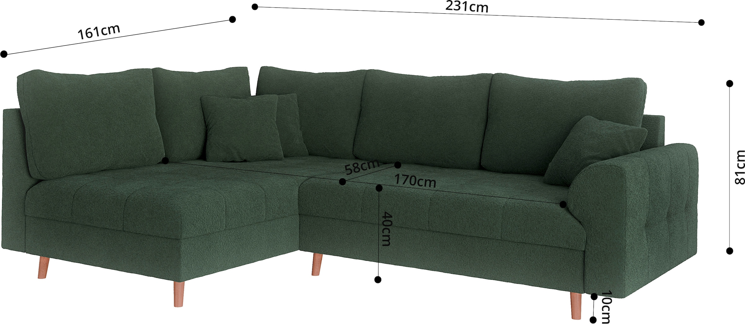 Home affaire Ecksofa »CHARRE L-Form mit Ottomane, Maße B/T/H: 231/161/81 cm«, feine Steppung, lose Rücken- und Zierkissen, auch in Cord und Bouclé