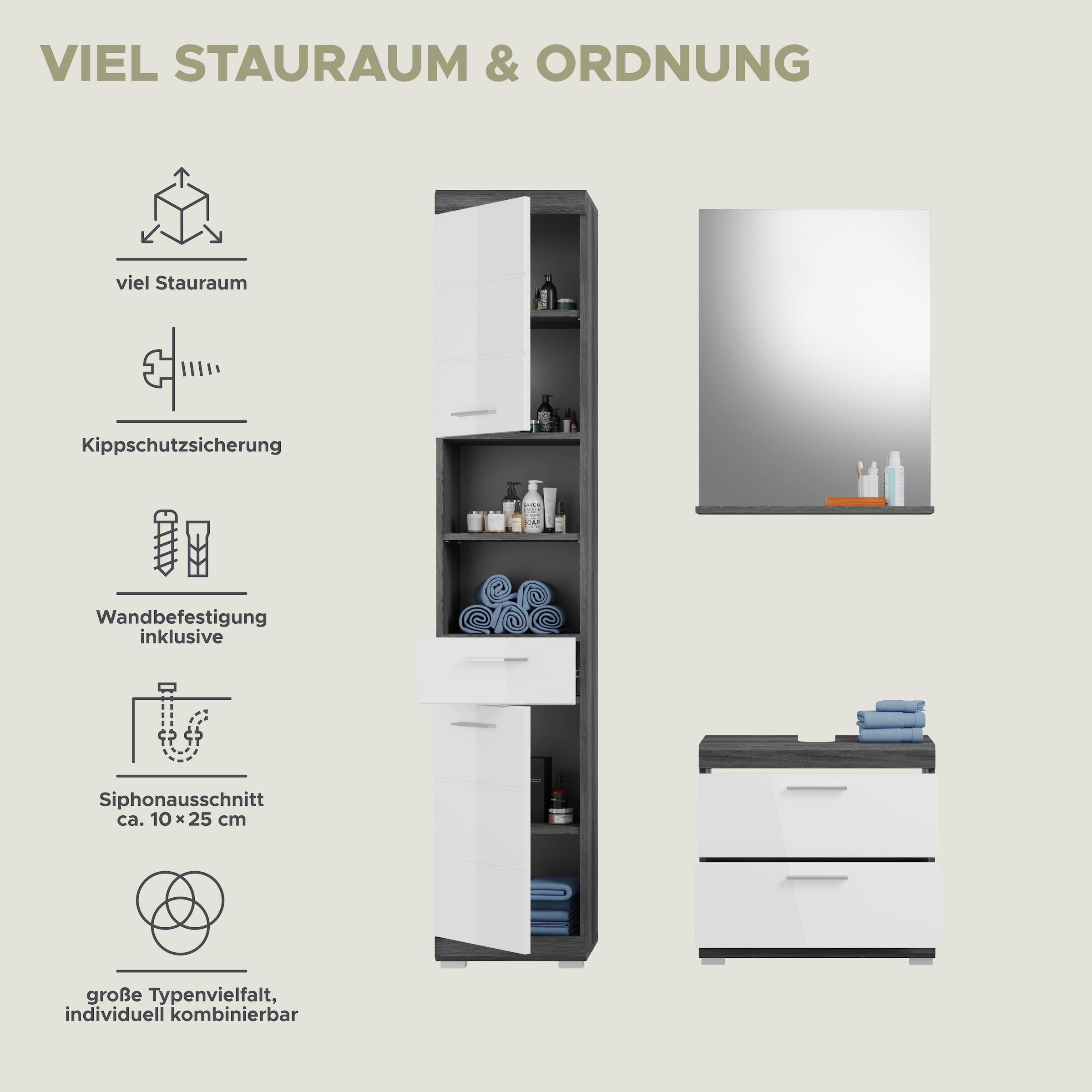 INOSIGN Badmöbel-Set »Siena, 3 teilig, bestehend aus:«, (Set, 3 St.), Hochschrank, Waschbeckenunterschrank, Spiegel