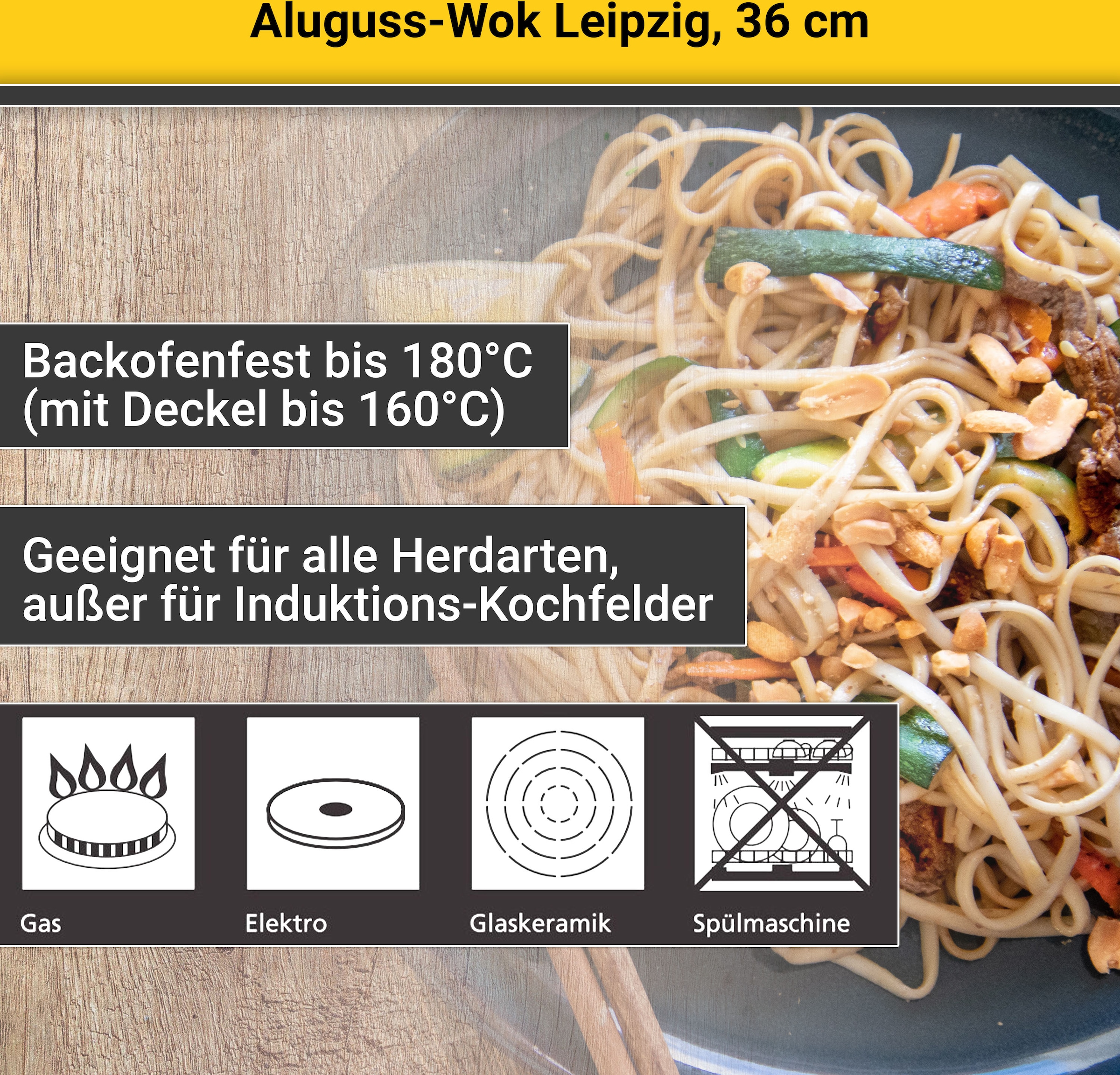 Krüger Wok »Aluguss Wok mit Glasdeckel LEIPZIG, 36 cm«, Aluminiumguss, (1 tlg.), hochwertige Antihaft-Versiegelung