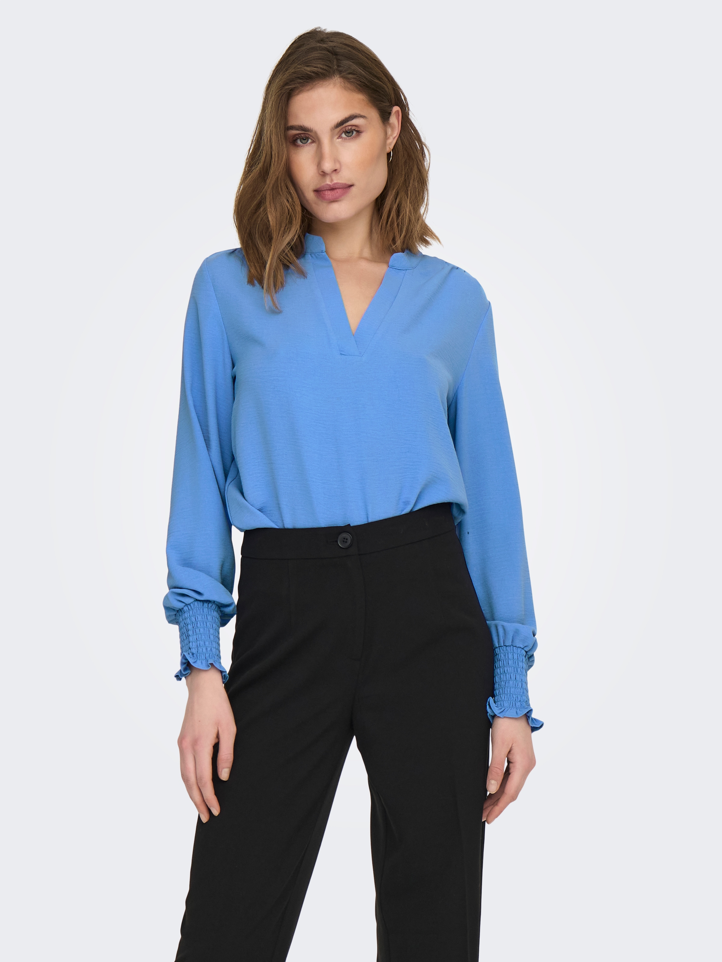 ONLY Blusenshirt »ONLMETTE V-NECK LS SMOCK TOP NOOS WVN« Kunstfaser, regular fit