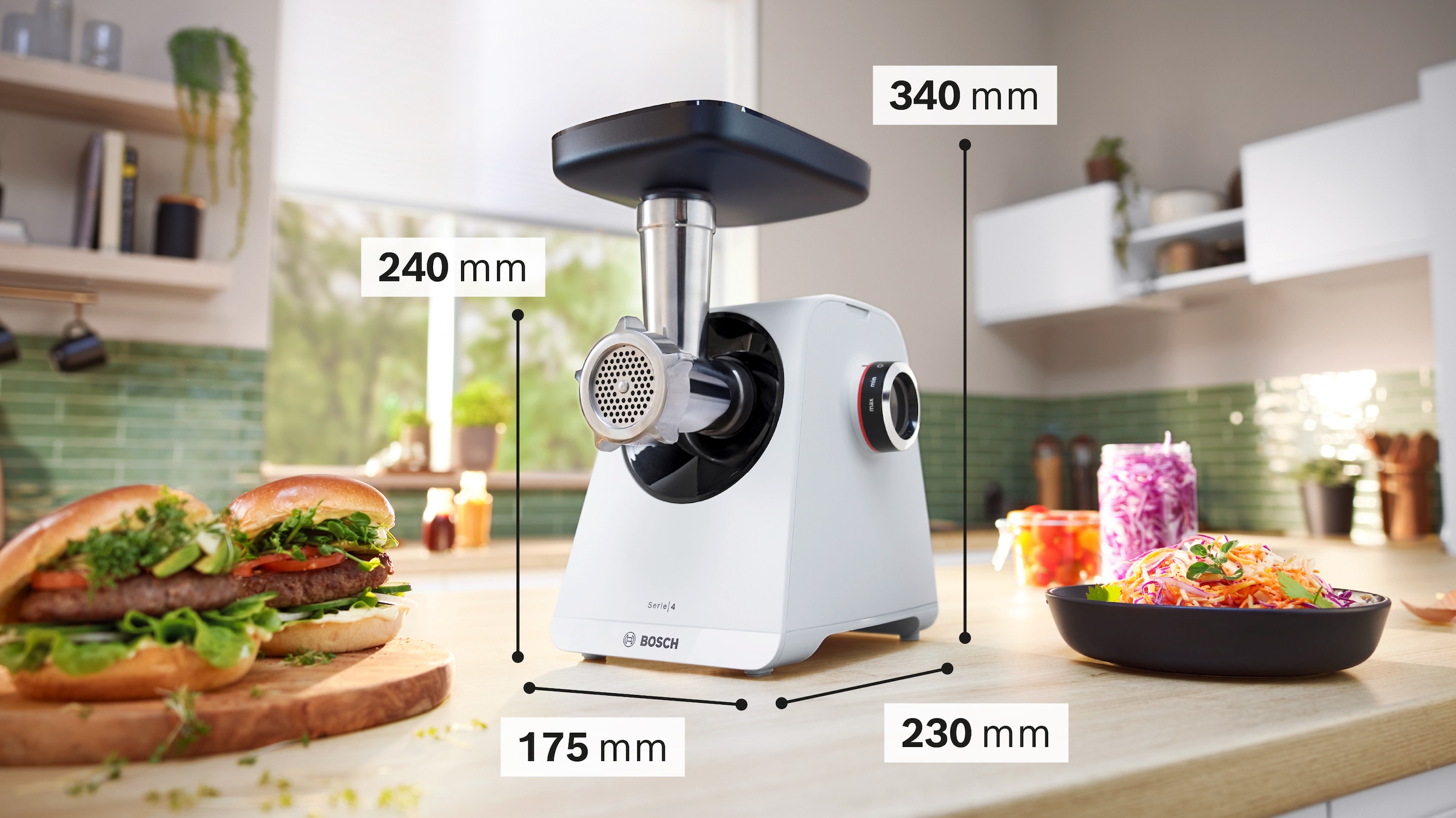 BOSCH Fleischwolf »Serie 4 MFWS420W, 1900 W Blockierlei., 2 Flügel-Messer, 2 Stufen, weiß«, 500 W, Metallkupplung, Wurststopfer, 10 J Motorgarantie, Rücklauffunktion