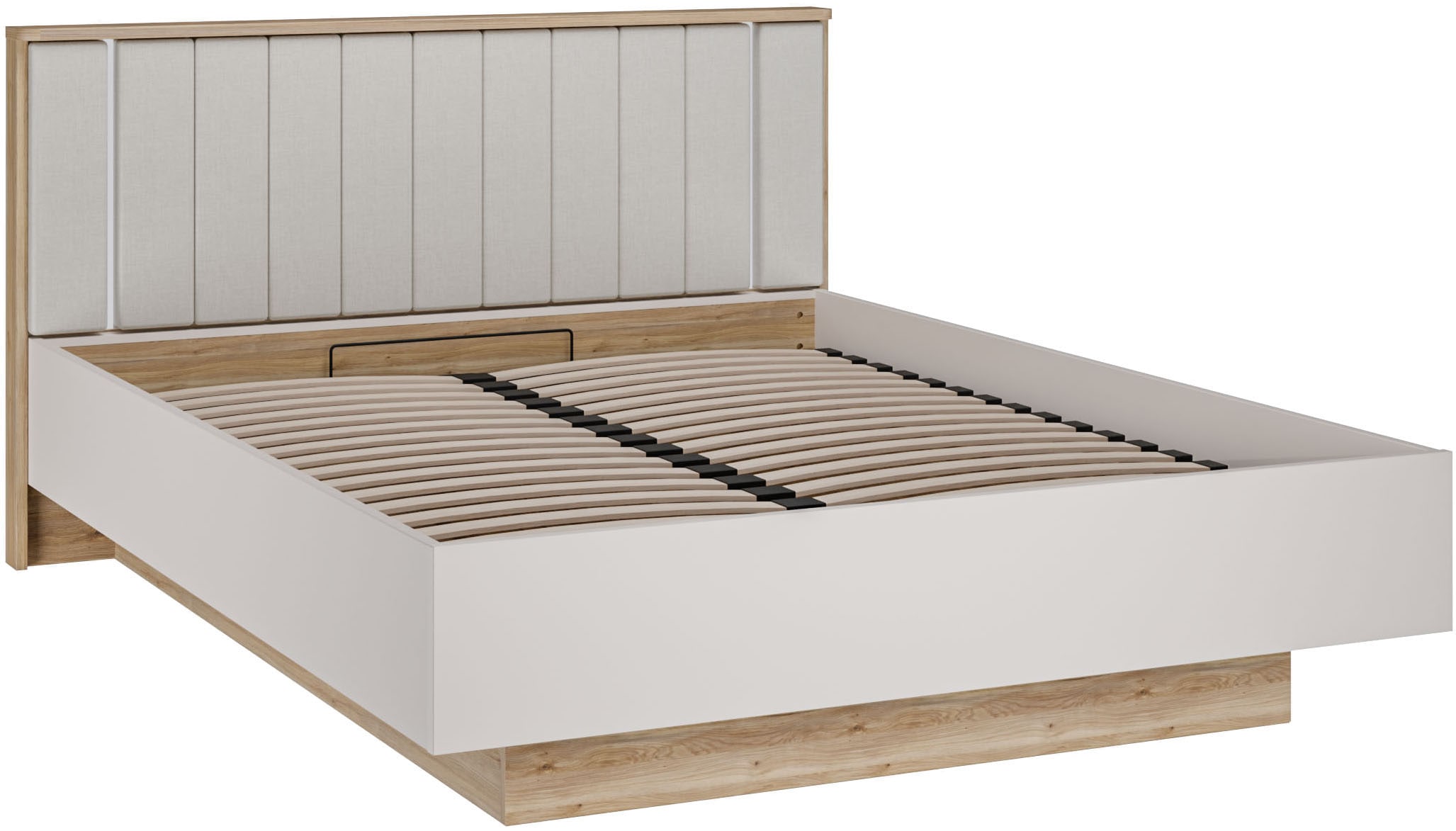 FORTE Bettgestell »Forte Seravel Bettanlage 140 o.160,  Lamellenoptik, warme Holznuancen« inklusive Beleuchtung, aufklappbarer Lattenrost, Stauraum