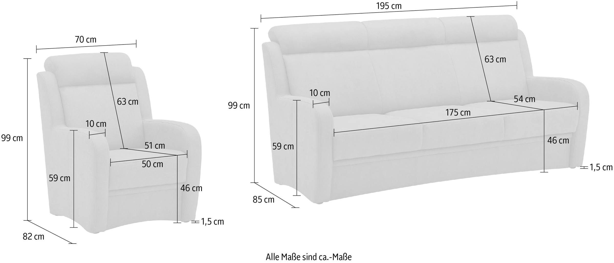 VILLA BECK Polstergarnitur »Varese«, (3 Set Sessel, Shop tlg.), OTTO Online 2x in Kopfteilverstellung, und Sitzhöhe 46 3-Sitzer aus