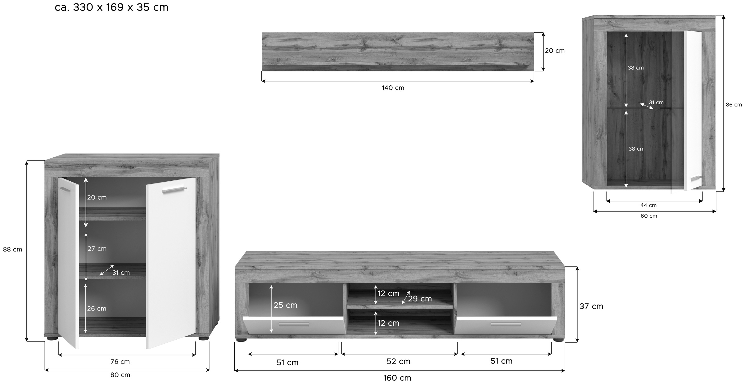 INOSIGN Wohnwand »Aosta, 4-tlg., best. aus: Highboard, Lowboard, Wandboard & Vitrine«, (4 St.), Wohnwand, Kombination, Anbauwand, Möbel Set, Schrankwand, Möbel Kombi