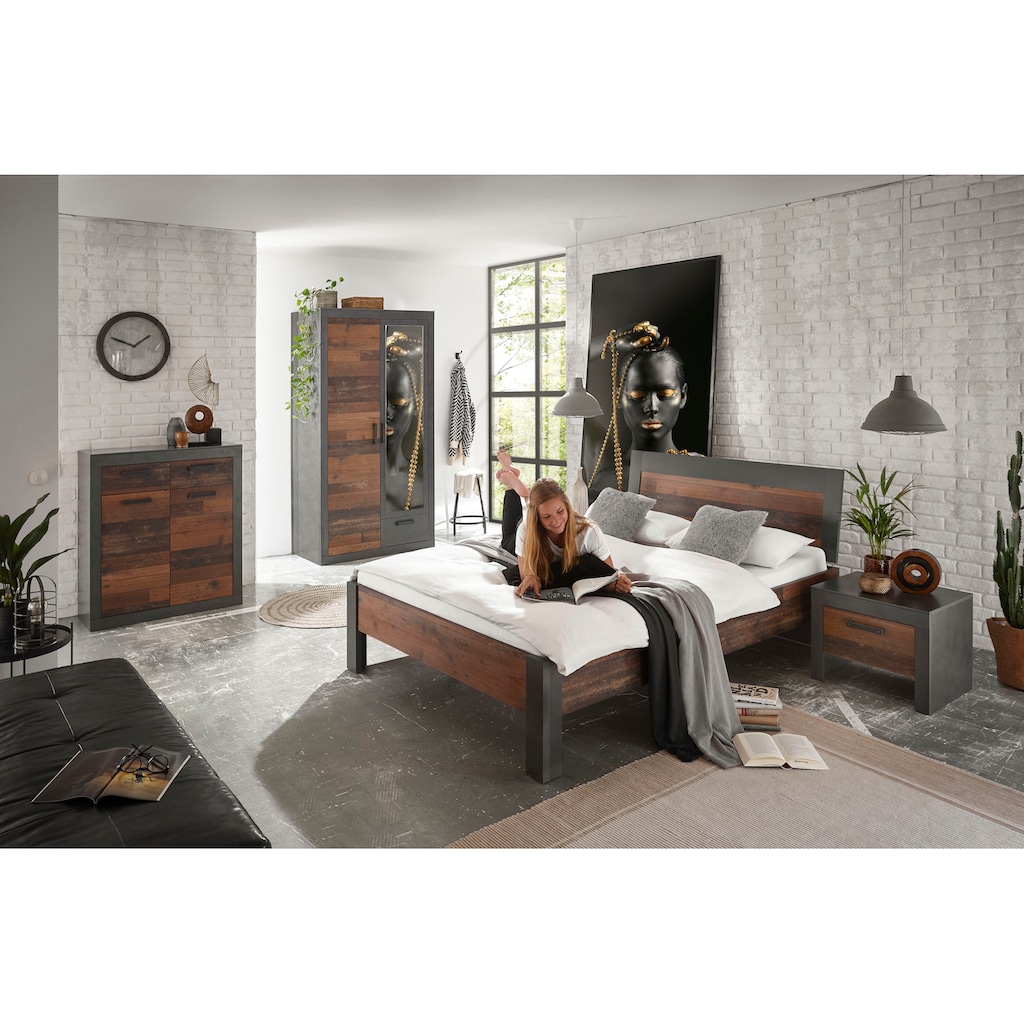 Home affaire Schlafzimmer-Set »BROOKLYN«, (Set, Einzelbett mit Holzkopfteil, Nachtkommode, Kleiderschrank 2 trg., Kommode), in dekorativer Rahmenoptik
